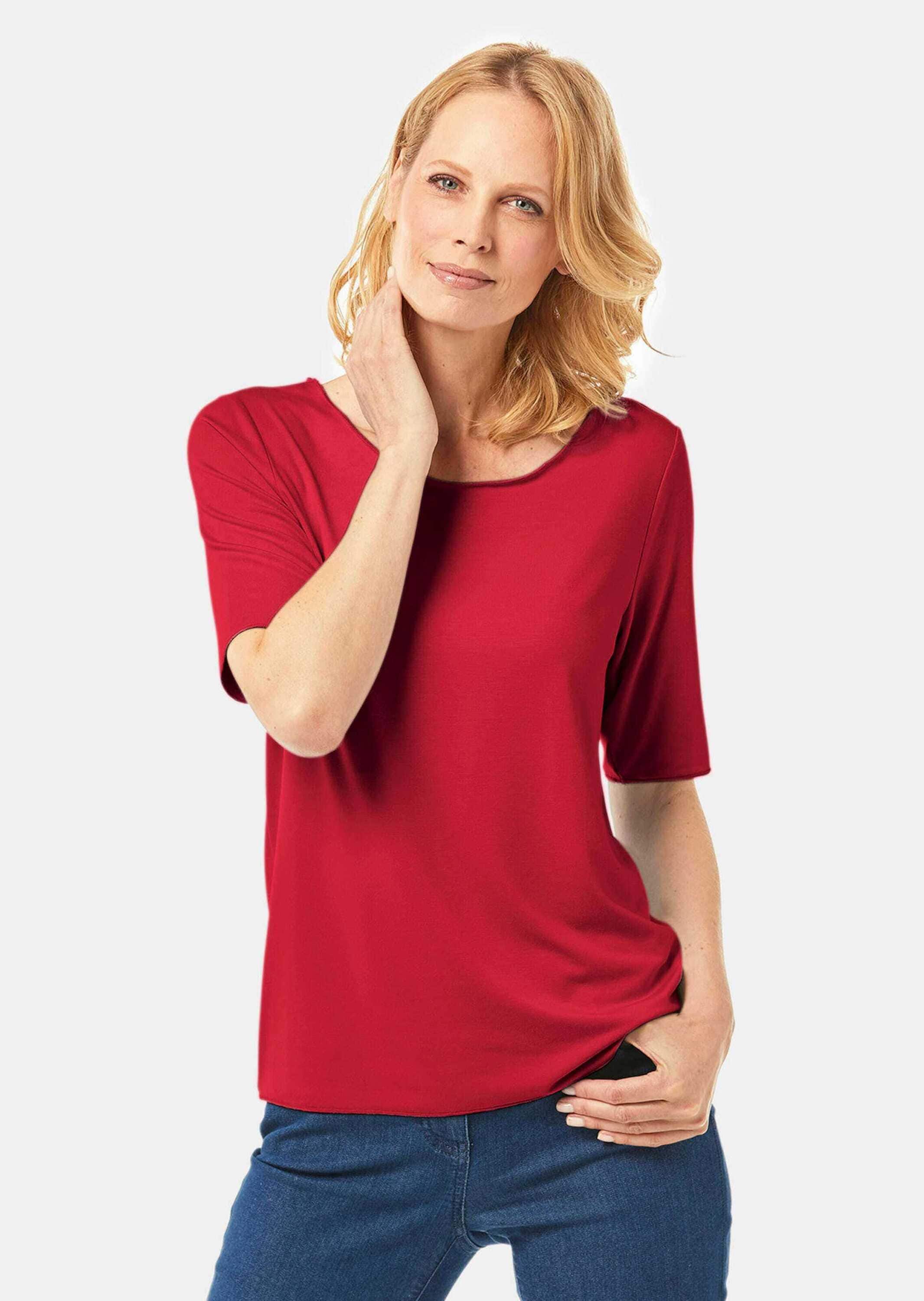 GOLDNER Langarm-Poloshirt »Rundhalsshirt Kombistarkes Halbarmshirt mit tonaler Zierkante«