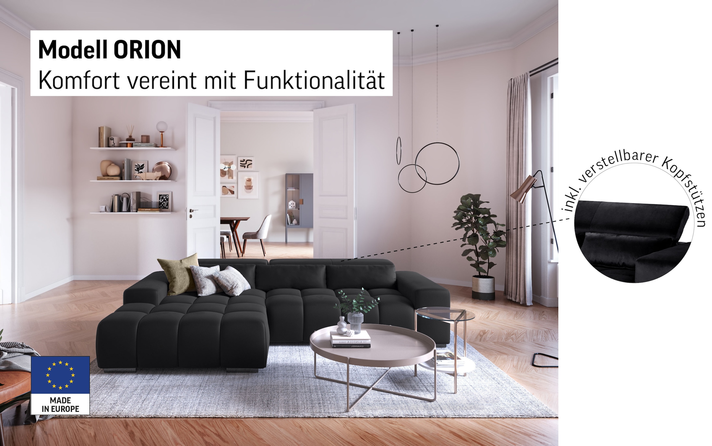 COTTA Ecksofa »Orion L-Form«, mit Kopfteilverstellung & 3 Nierenkissen