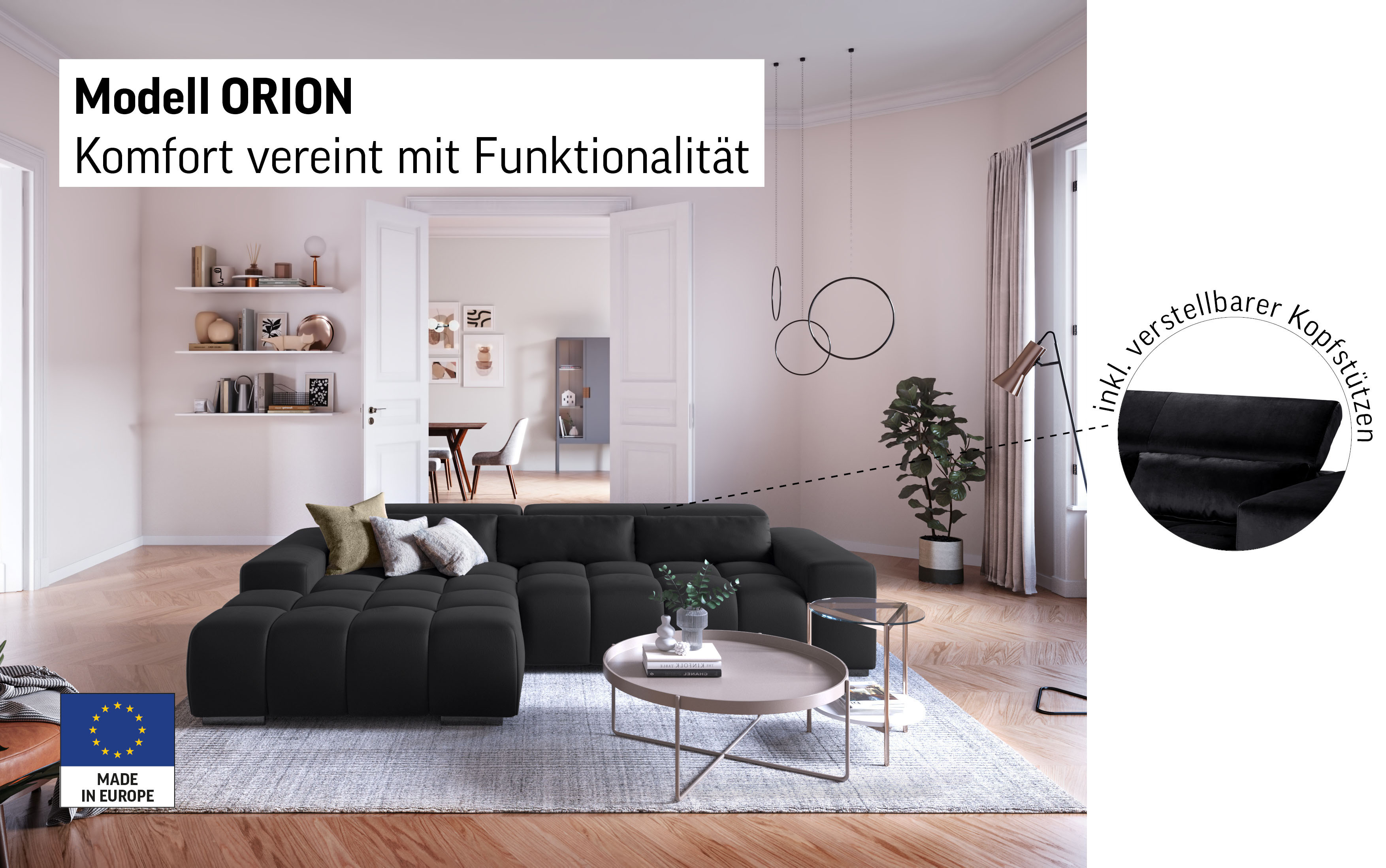 Thumbnail - COTTA Ecksofa "Orion L-Form", mit Kopfteilverstellung & 3 Nierenkissen