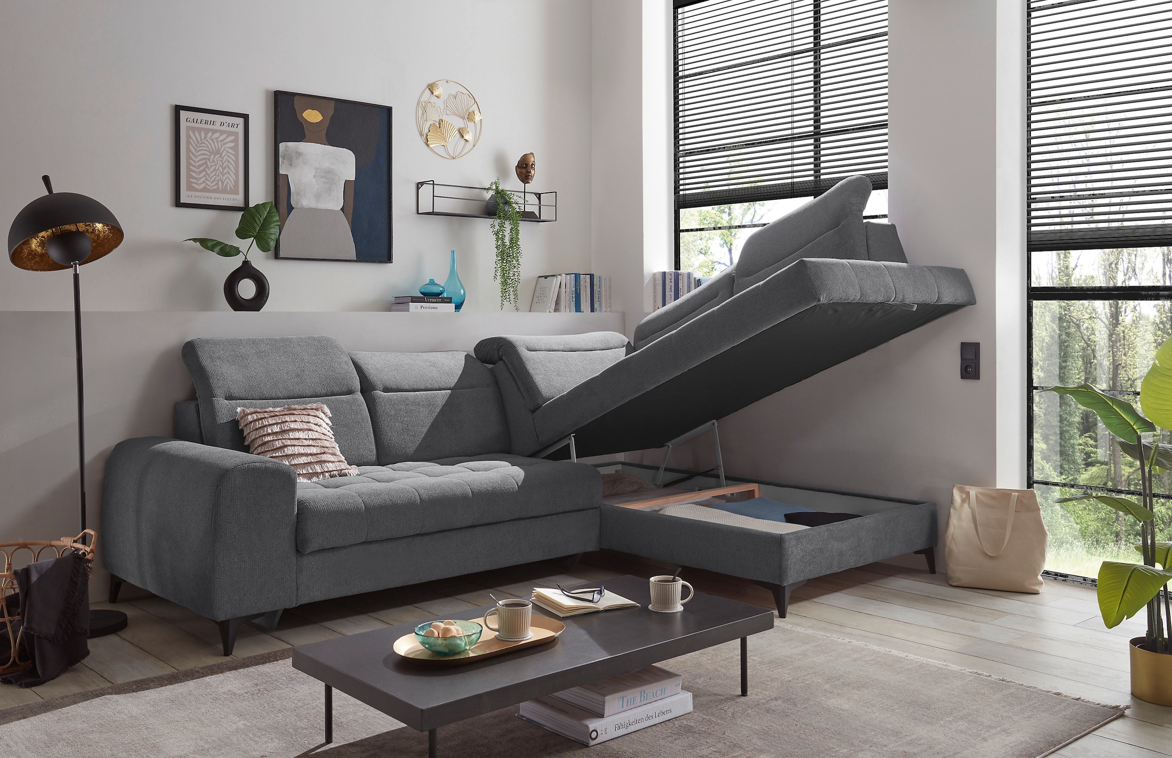 ED EXCITING DESIGN Ecksofa »Rockdale L-Form mit Bettfunktion, Bettkasten«, Kopfteilverstellung, Sitztiefenverstellung & USB-Port