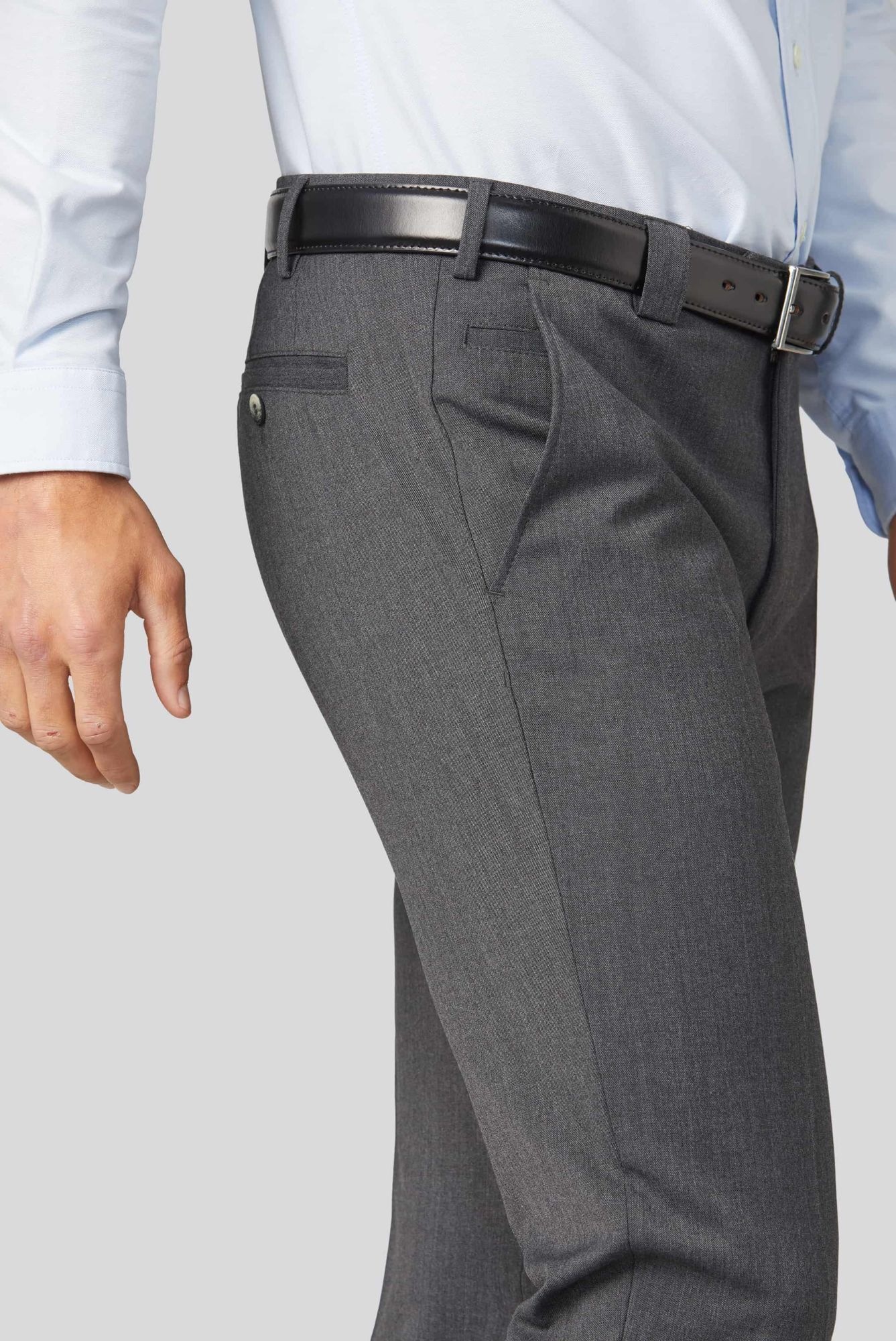 Anzughose MEYER "Roma", Herren, Gr. 285, Normalgrößen, grau, 54% Polyester, 43% Wolle, 3% Elasthan, unifarben, slim fit lang, Hosen Anzughose, mit Französische Seitentaschen 3