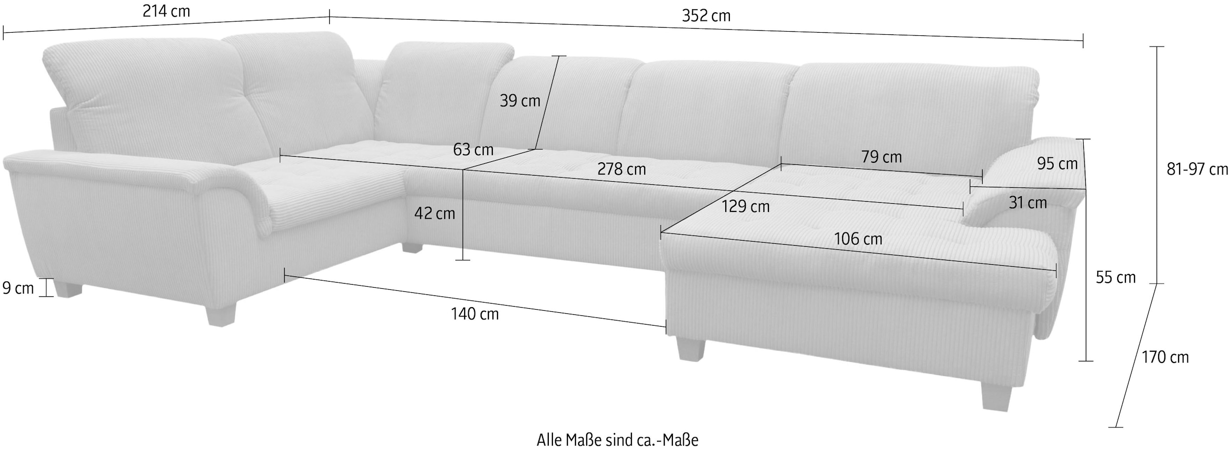 OTTO home Wohnlandschaft »Egedal 352 x 214 cm, auch mit Schlaffunktion & Bettkasten, Holzfüße« Kopfteile verstellbar, U-Form, aus pflegeleichtem Lu x us-Microfaser