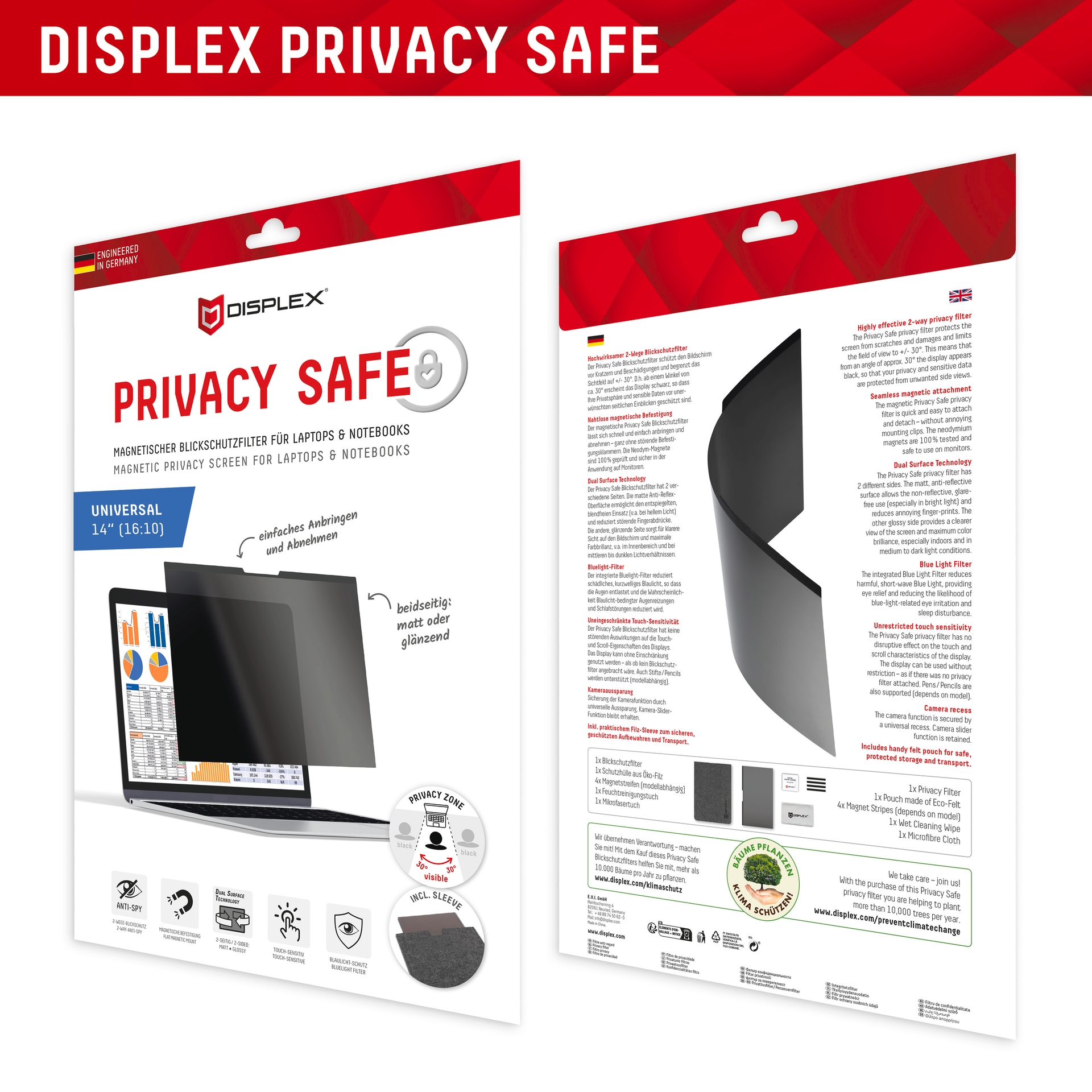 Displex Displayschutzfolie »Privacy Safe Universal (magnetisch) 14 Zoll 16:10«, Displayschutz, Schutzfolie, Bildschirmschutz, kratz- & stoßfest