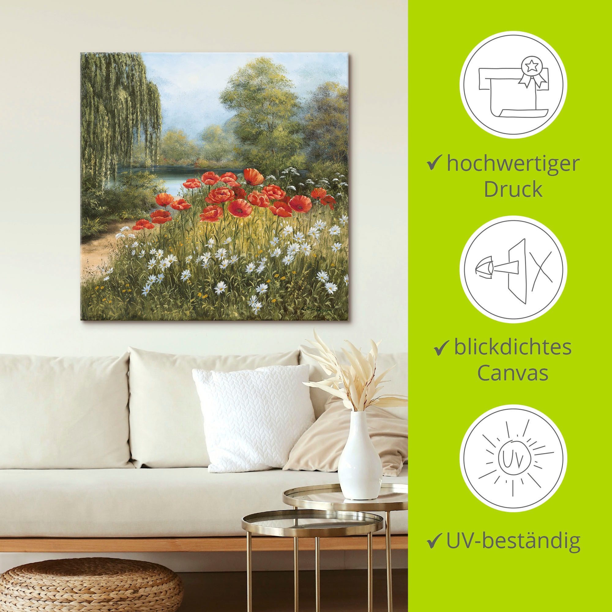 Artland Wandbild »Mohnwiese am See«, Blumenwiese, (1 St.), als Alubild, Outdoorbild, Leinwandbild, Poster in verschied. Größen