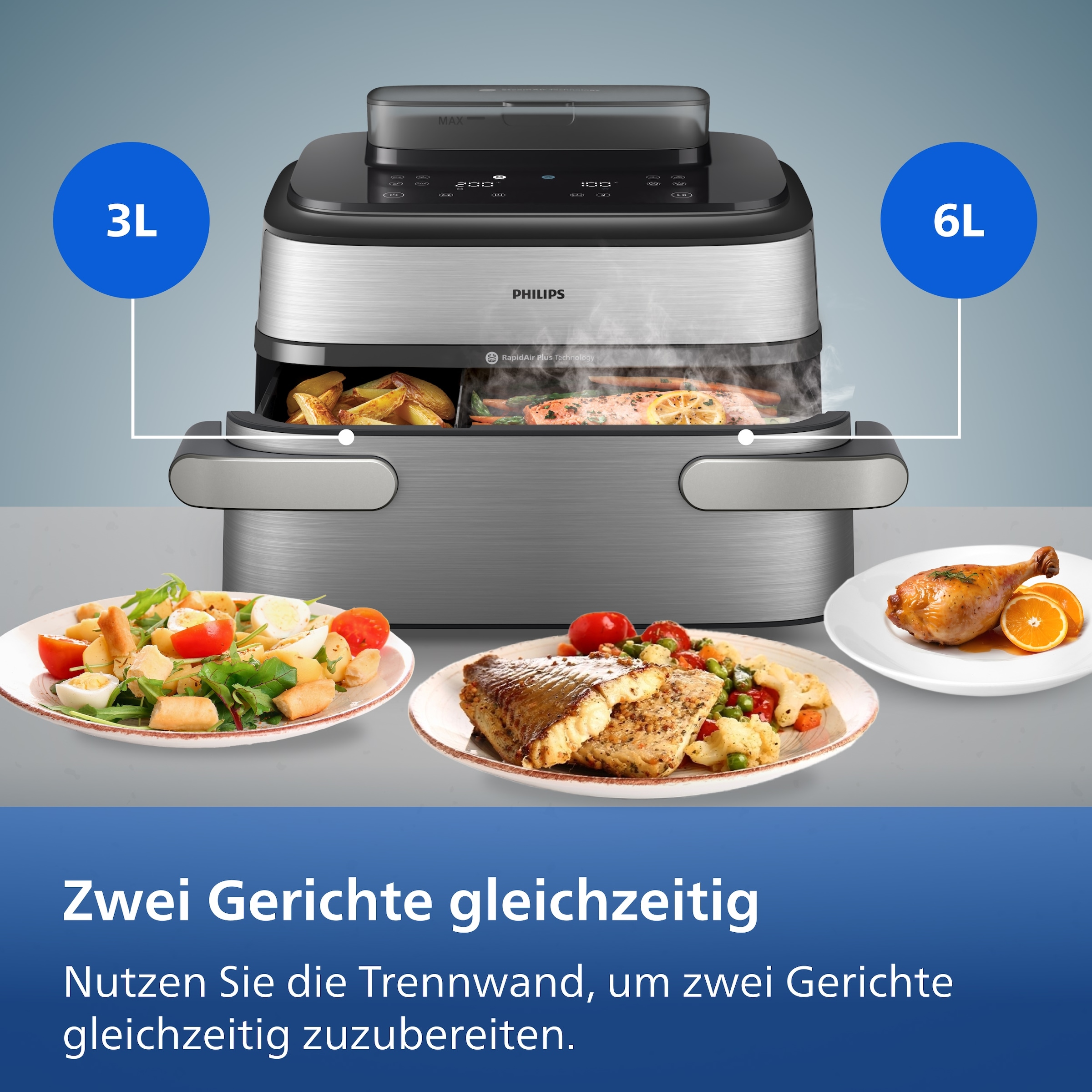 Philips Heißluftfritteuse »NA565/02 Steam Airfryer 5000 Series Megabasket, 9,5L Kapazität« 2750 W mit Dampfgarfunktion u. RapidAir Plus Technologie; inkl. Servierzange