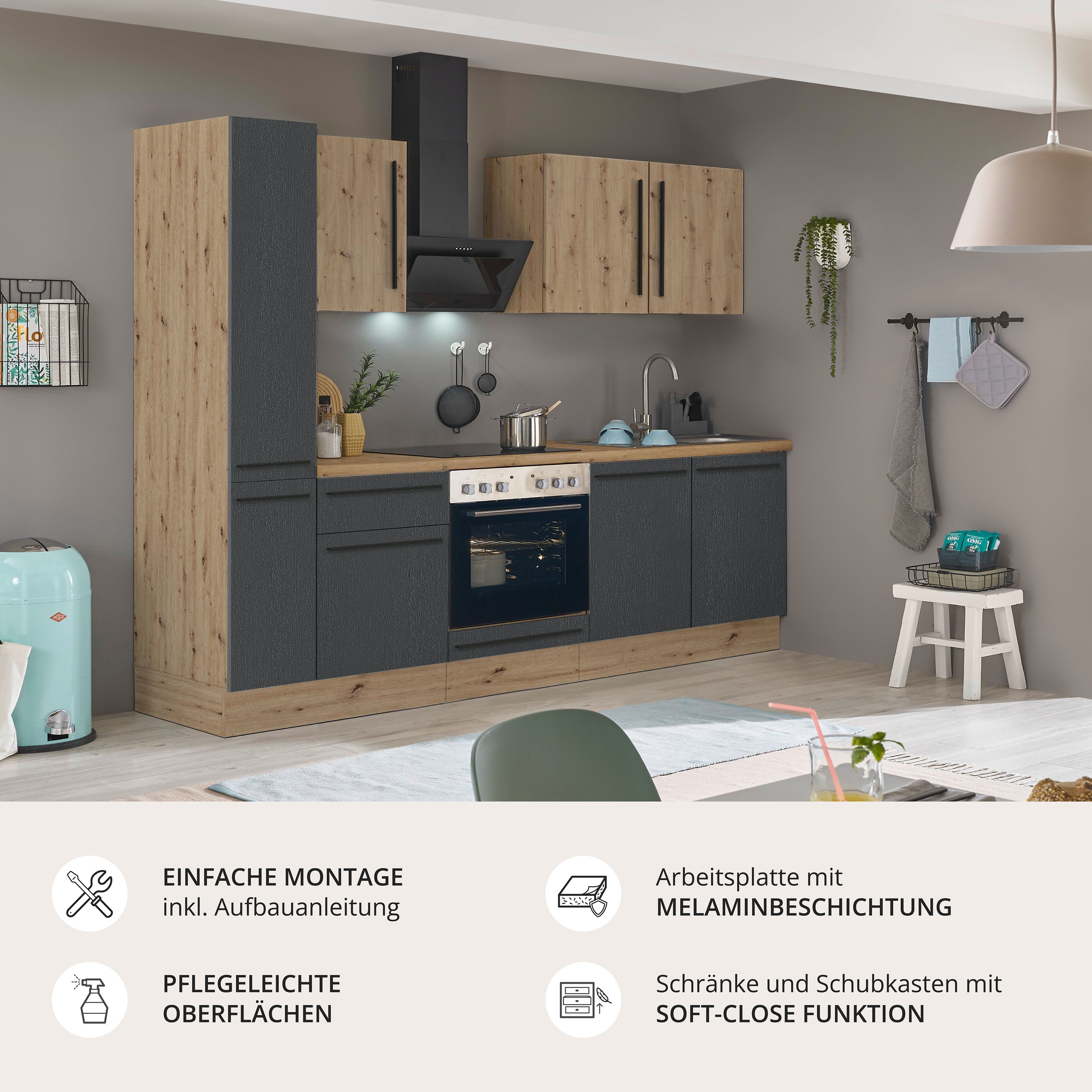 KOCHSTATION Küchenzeile »Florida« Breite 240 cm, wahlweise mit E-Geräten,Softclose für Türen/Schubkästen