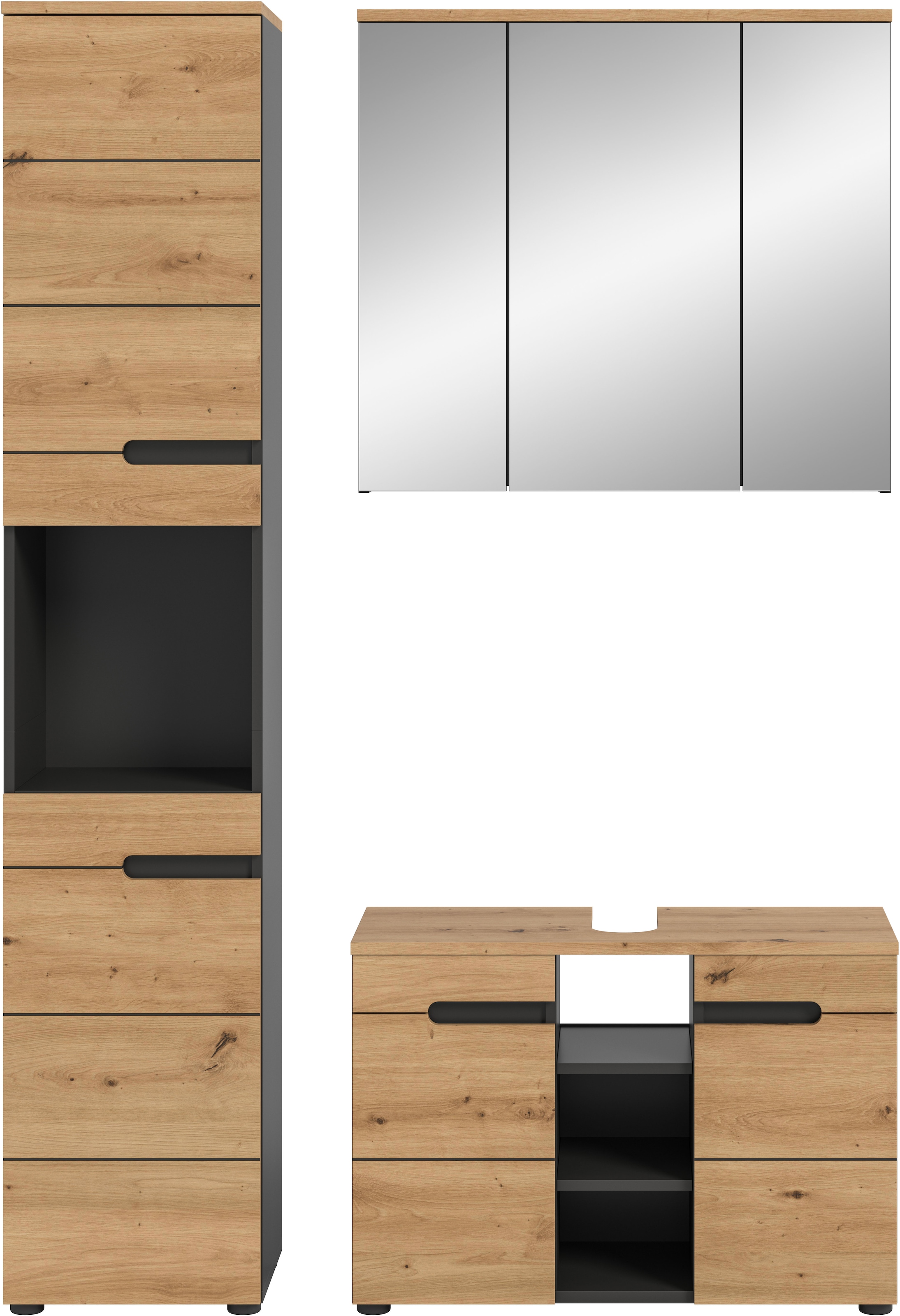 INOSIGN Badmöbel-Set »REHAT, 3-teilig, Breite 133 cm, mit grifflosen Fronten, bestehend aus:«, (3 St.), 1x Hochschrank, 1x Waschbeckenunterschrank & 1x Spiegelschrank