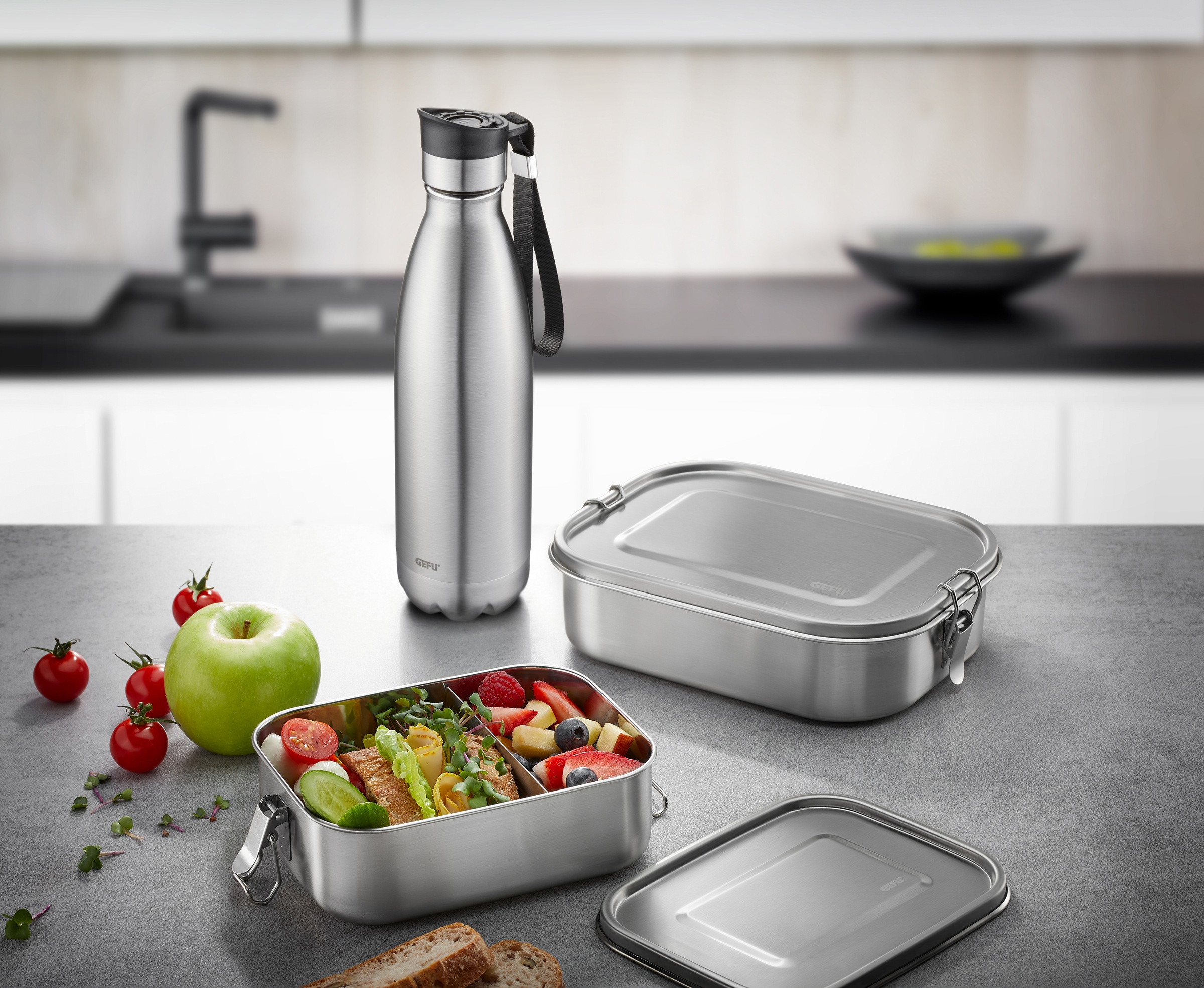 GEFU Thermoflasche »OLIMPIO«, (mit Haltegurt), ideal für kohlensäurehaltige Getränke
