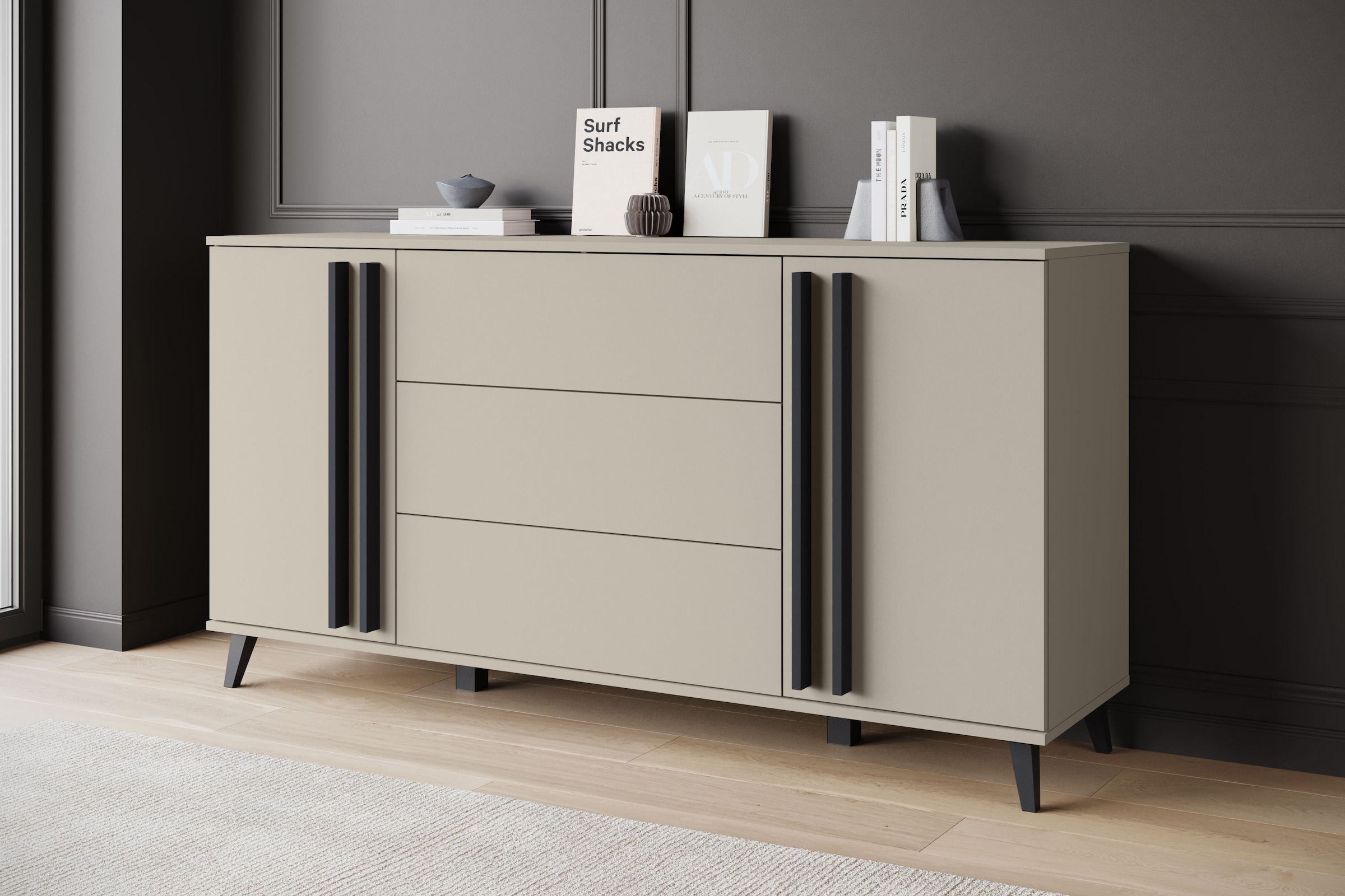 INOSIGN Sideboard »Helsinki, Kommode mit 2 Türen und 3 Schubladen, Breite 150 cm«, (1 St.), Push-to-Open-Schubladen, höhenverstellbare Einlegeböden