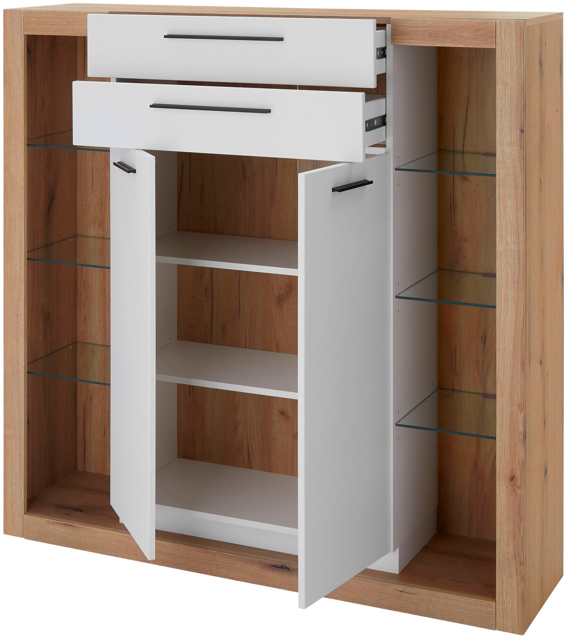 INOSIGN Highboard »Brixen, moderne Kommode, Stauraumelement in Eiche Evoke Dekor«, Metallgriffe, ausreichend Stauraum, vielseitig einsetzbar