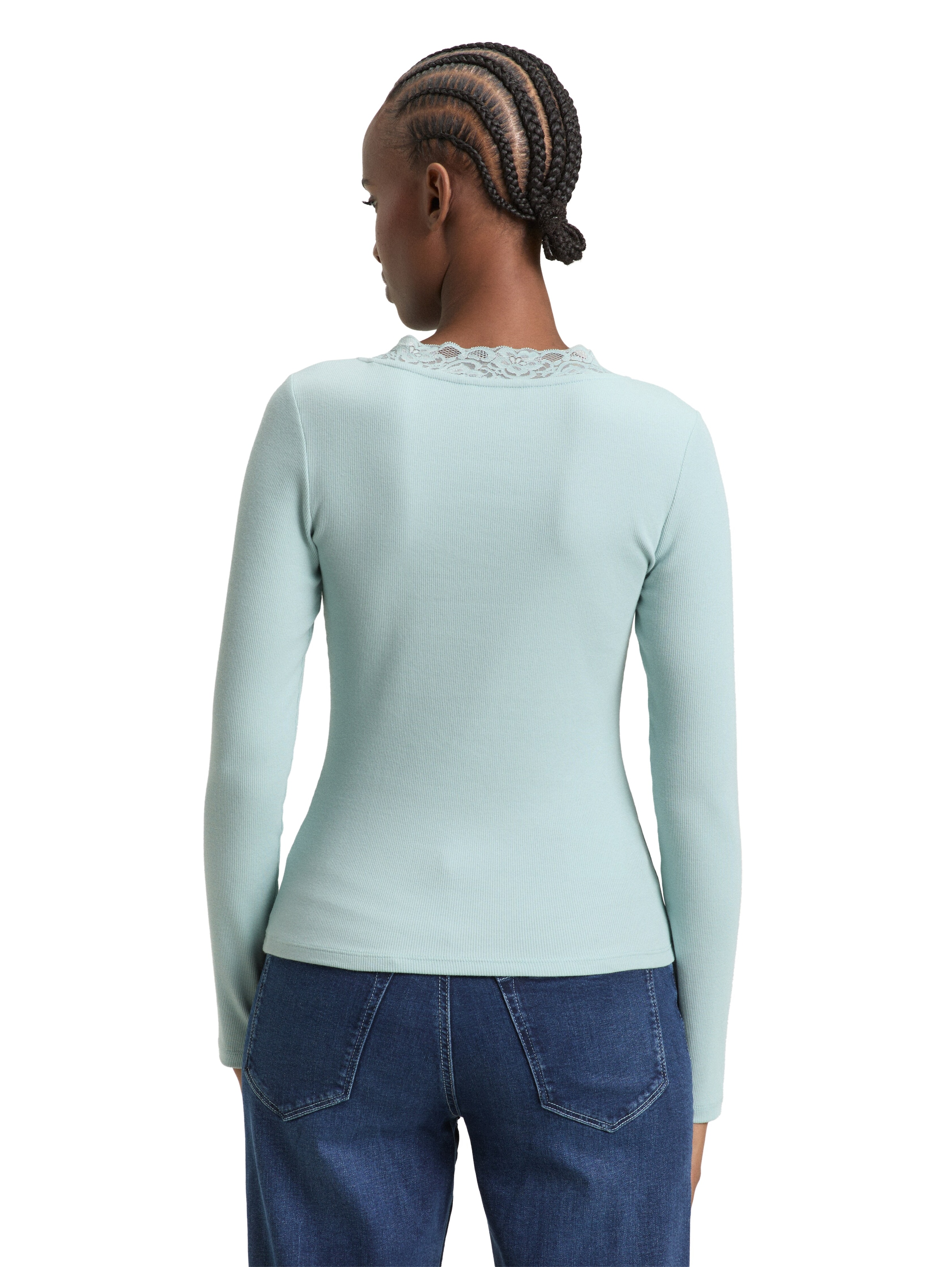 TOM TAILOR Denim Langarmshirt V-Ausschnitt mit Spitze