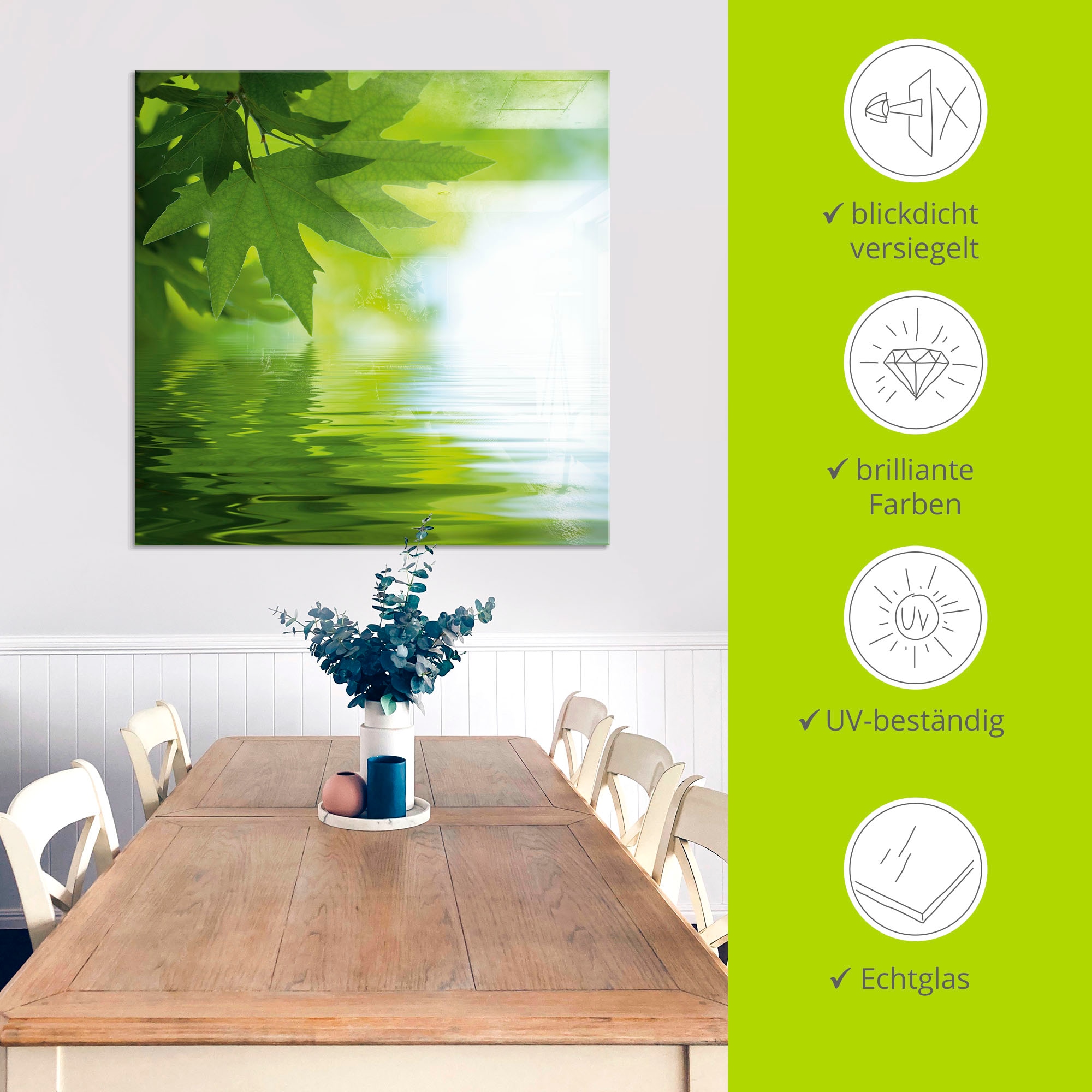 Artland Glasbild »Grüne Blätter reflektieren im Wasser«, Blätter, (1 St.), in verschiedenen Größen