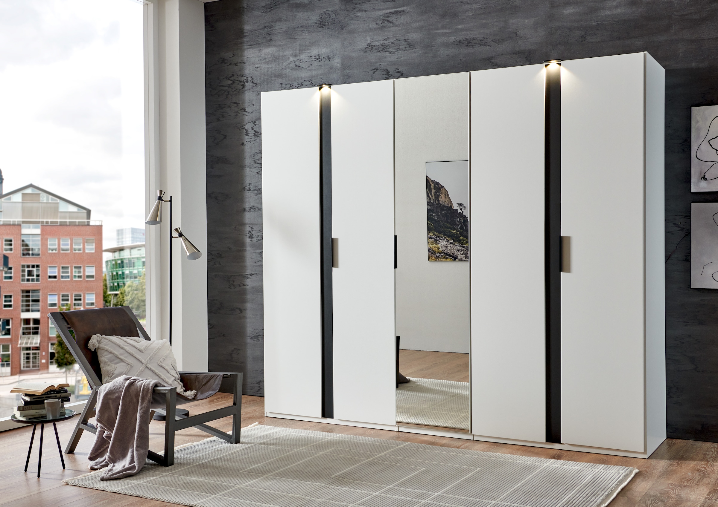 Wimex Drehtürenschrank »Rimini by fresh to go, Kleiderschrank mit Spiegel, Metallgriffe«, inklusive LED Beleuchtung, B/T/H 250/58/216cm, weiß oder graphit