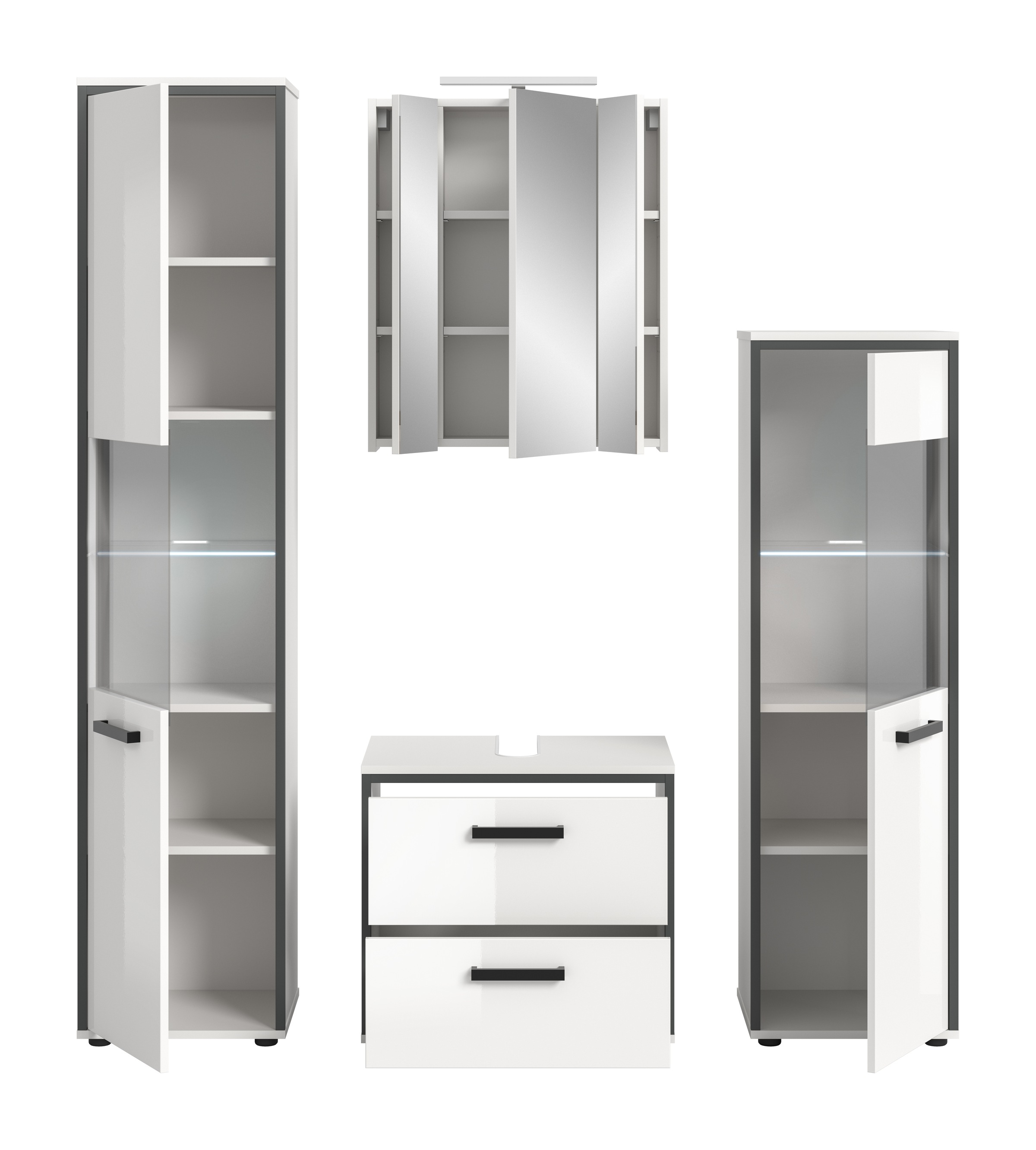 welltime Badmöbel-Set »KAJO, 4-tlg. Badkombination, weiß hochglanz inkl.Beleuchtung« Set, Set, best. aus:Hochschrank,Midischrank,WBU,Spiegelschrank,Beleuchtung, 7 Stk. tlg.