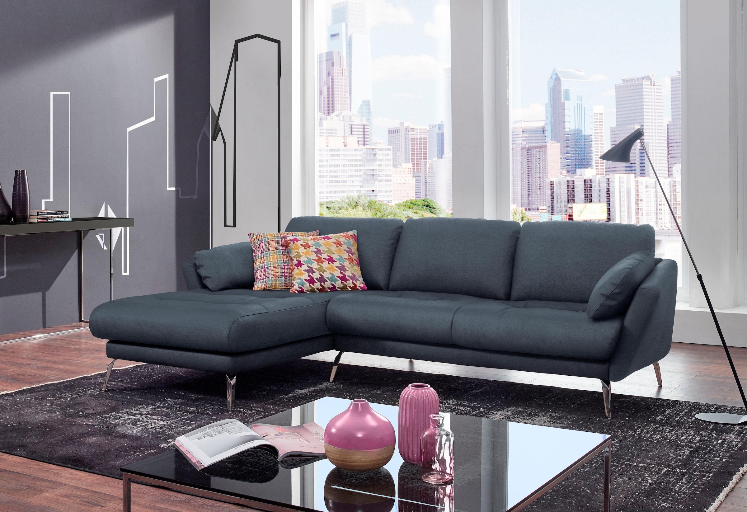 W.SCHILLIG Ecksofa »softy, Designsofa, zeitlos und elegant, hoher Sitzkomfort, L-Form«, mit dekorativer Heftung im Sitz, Füße Chrom glänzend