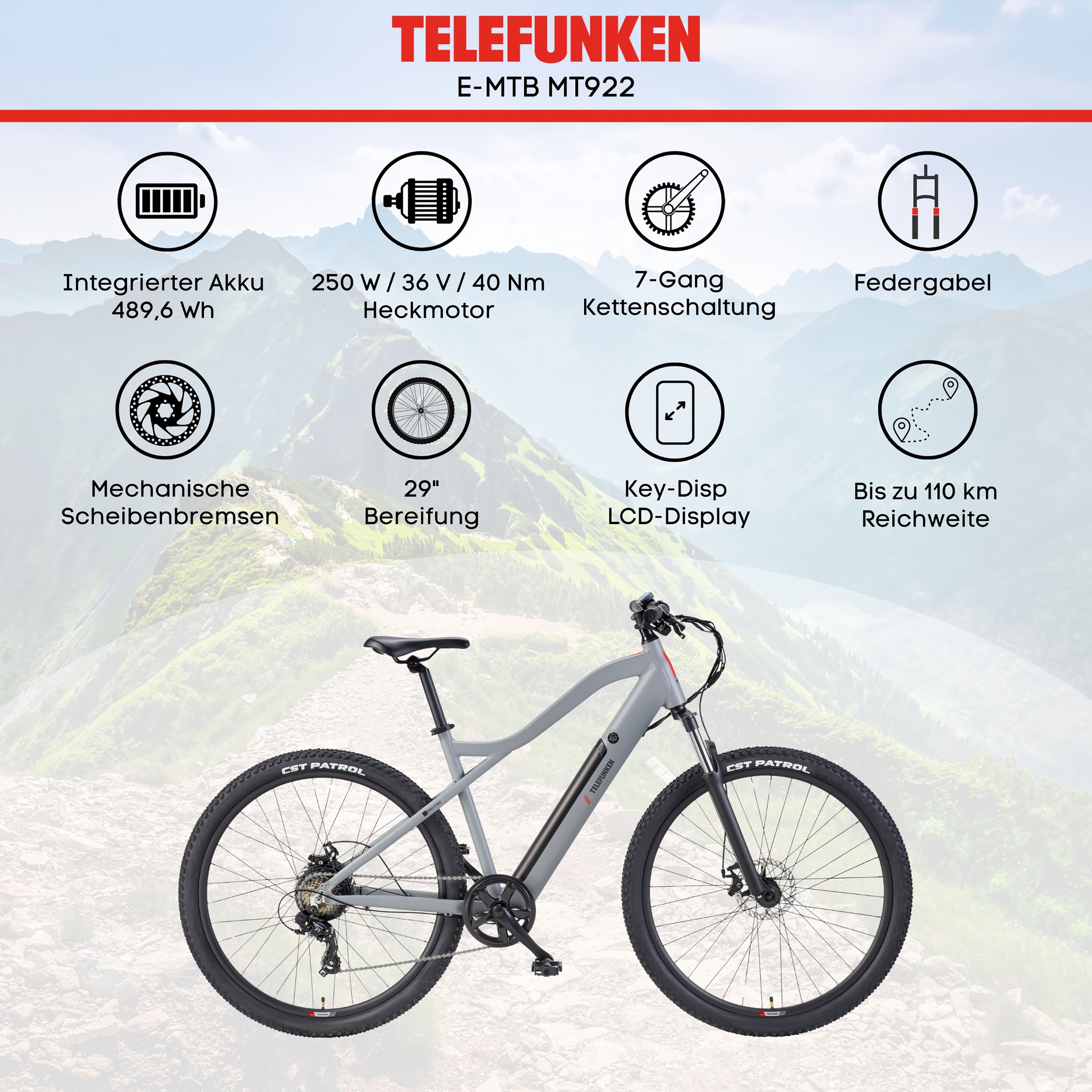 Telefunken »Aufsteiger MT922« 7 Gang Shimano TY300D Schaltwerk Kettenschaltung Heckmotor 250 W Pedelec, Elektrofahrrad, Damen u. Herren, E-MTB, Mountainbike, 29 Zoll