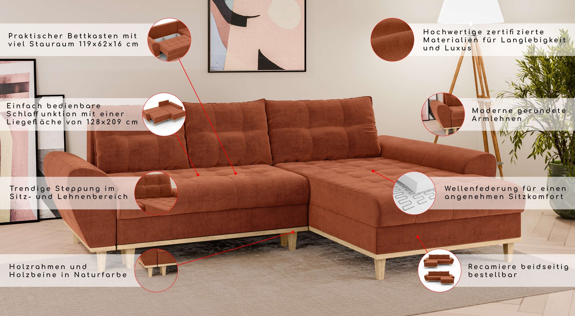 Home affaire Ecksofa »Ahrdorf mit Bettfunktion und Bettkasten, Maße: B/H/T 268/86/175 cm«, L-Form mit 3 Rückenkissen und moderne gerundete Armlehnen
