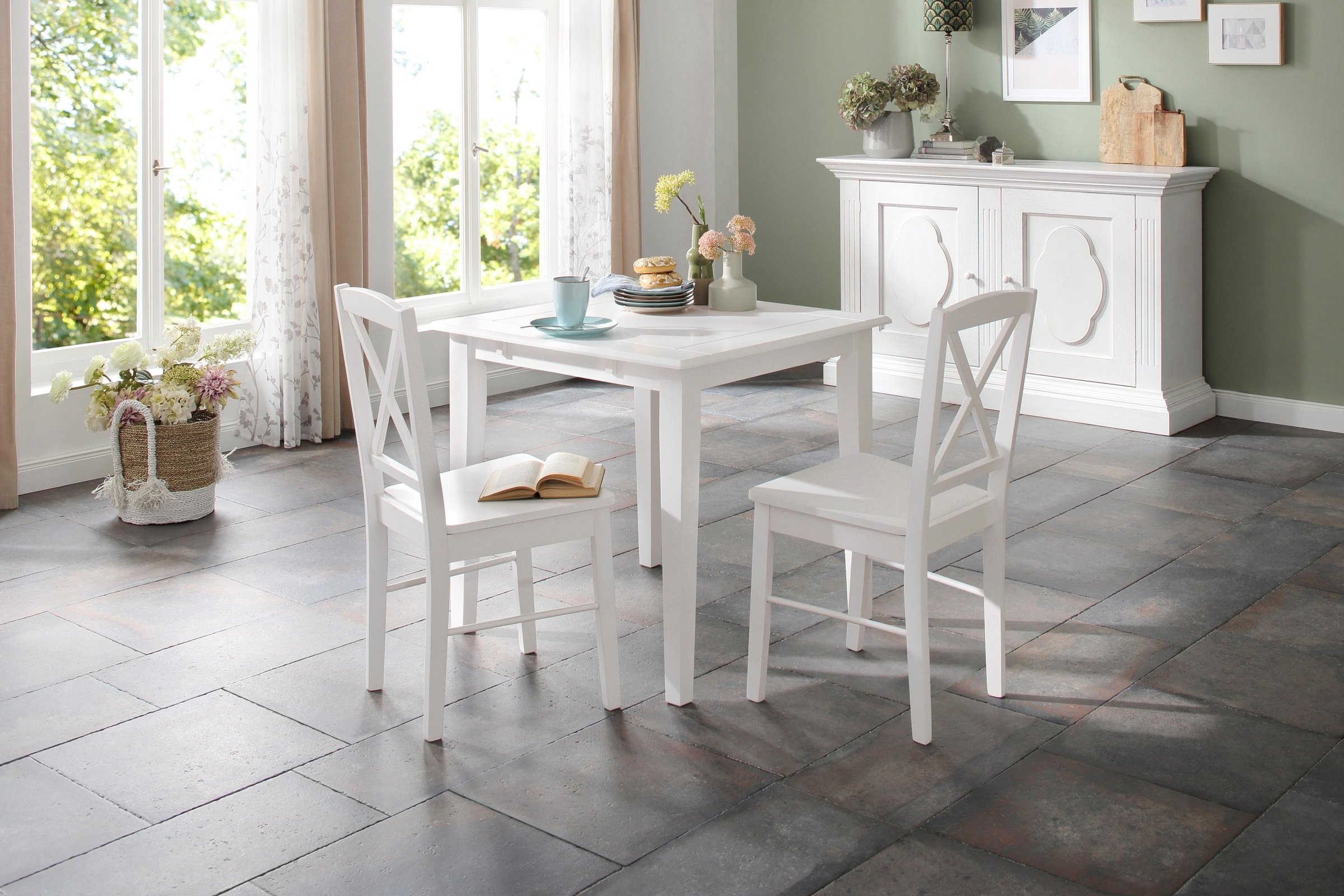 Home affaire Essgruppe Olvera, (Set, 3 tlg.), aus massivem Kiefernholz, bestehend aus Fullerton Esstisch 80 cm und 2 Sonoma Esszimmerstühlen (3-tlg.)