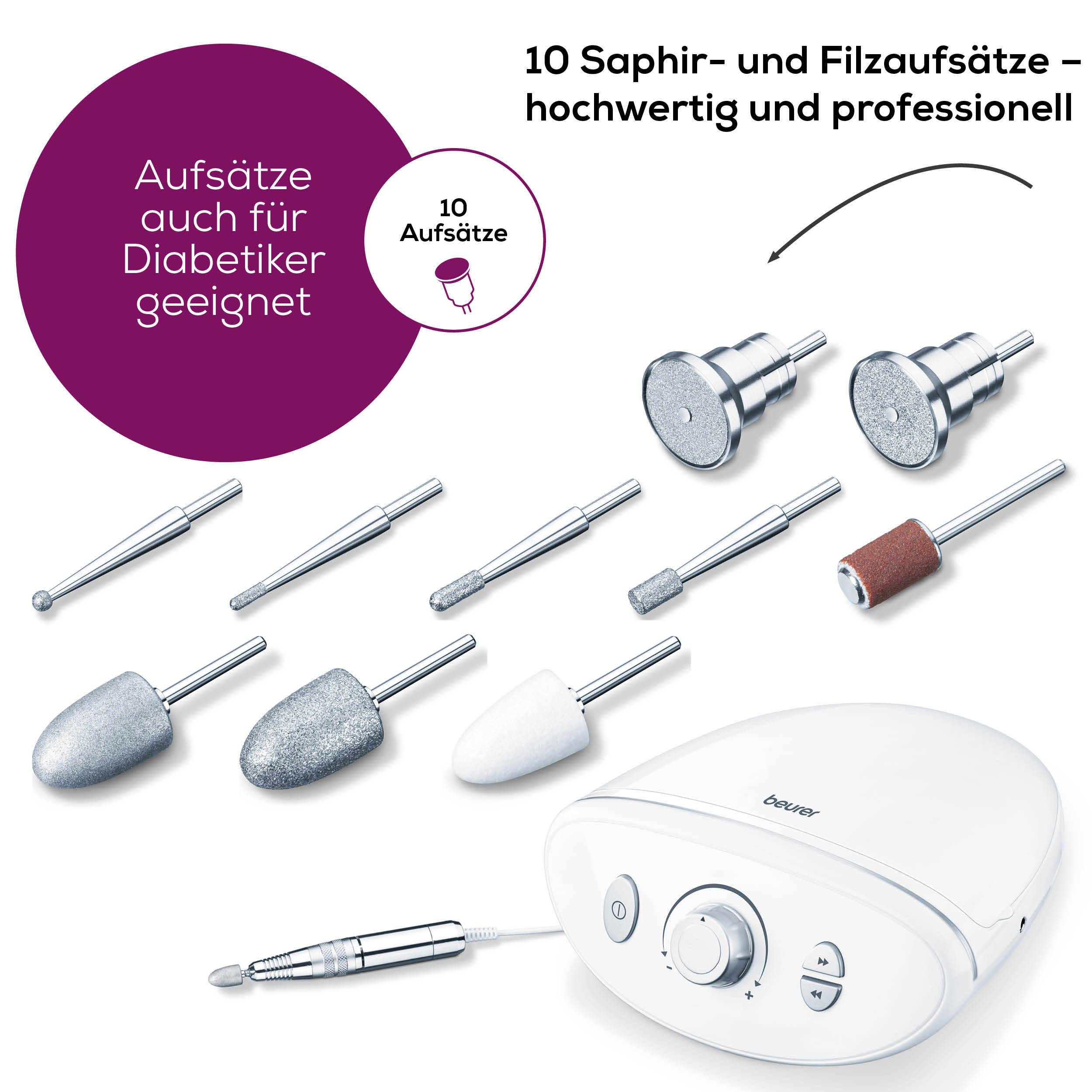 Thumbnail - BEURER Maniküre-Pediküre-Set "MP 100 Manikürestation, Profistation mit bis zu 20.000 U/min" Mit 10 Aufsätzen, Rechts-/Li...