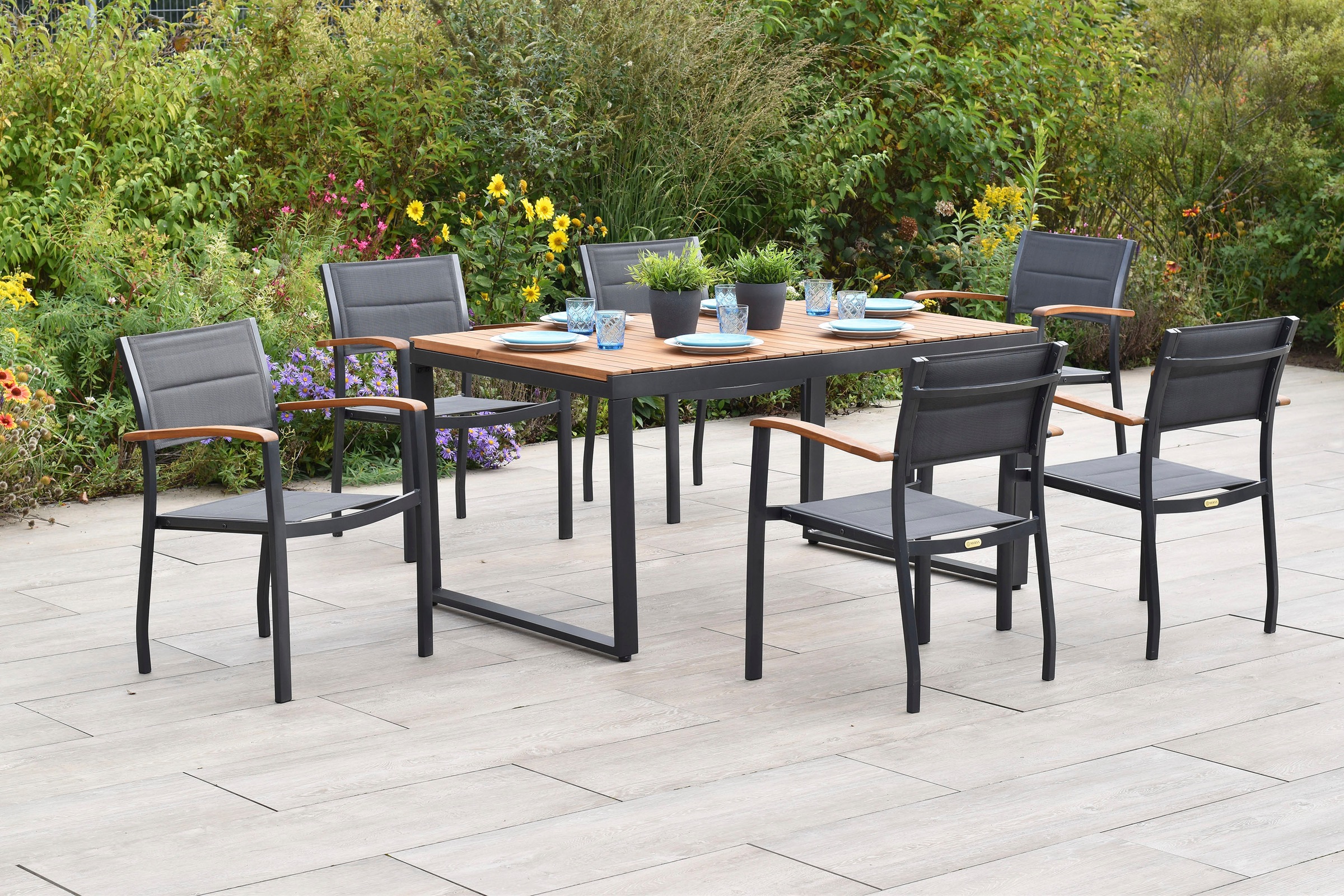 MERXX Garten-Essgruppe »Paxos« Set, 7 tlg. inkl. 6 Stapelsessel, 1 Ausziehtisch