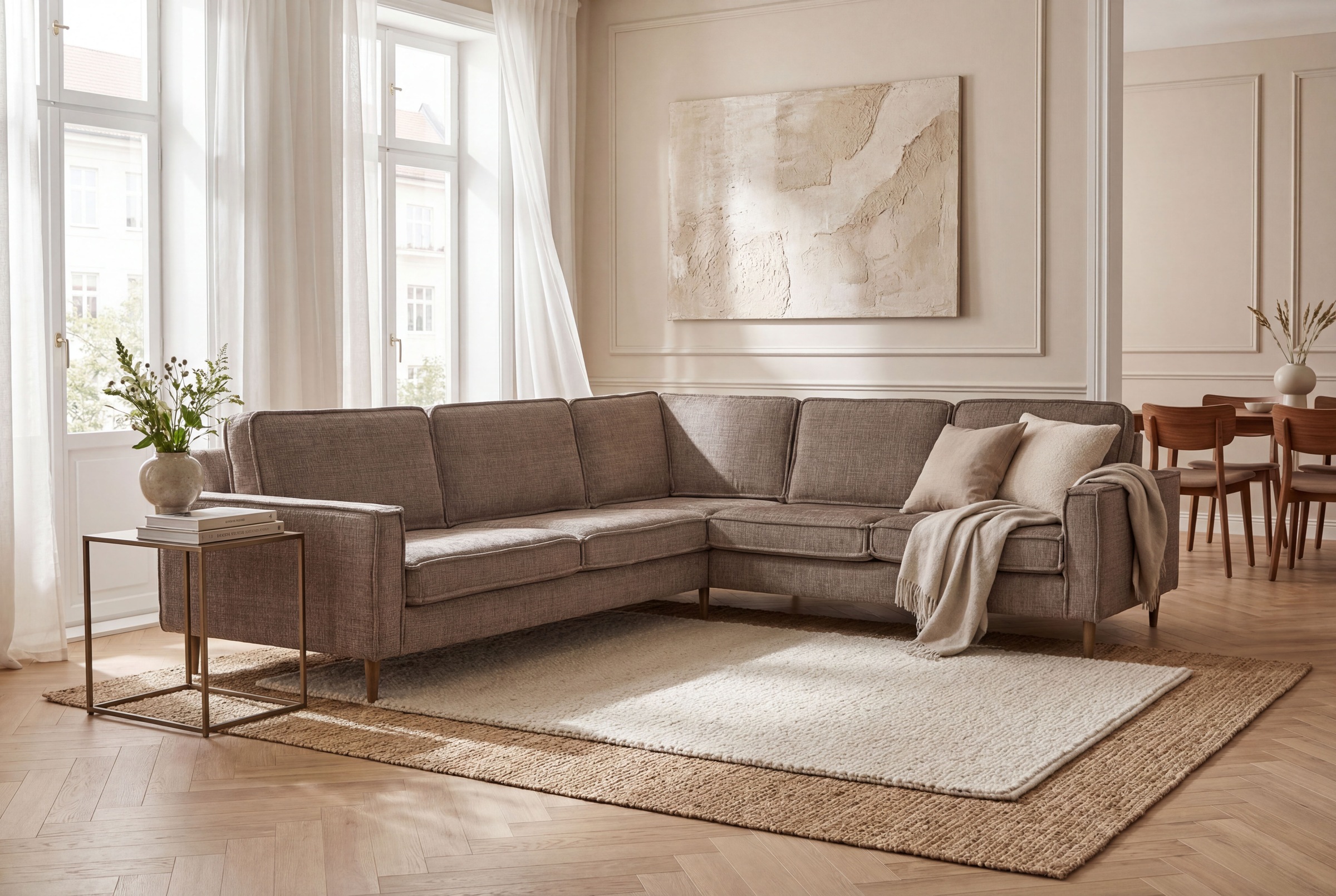 Ecksofa HOME AFFAIRE "Pinto Skandi, 290 cm, Chenille, Struktur, Ottomane links / rechts", braun, B:290cm H:89cm T:250cm, 100% Polyester, Sofas, Ecksofa, mit Keder, Massivholzfüße Eiche geräuchert, Wellenunterfederung 8