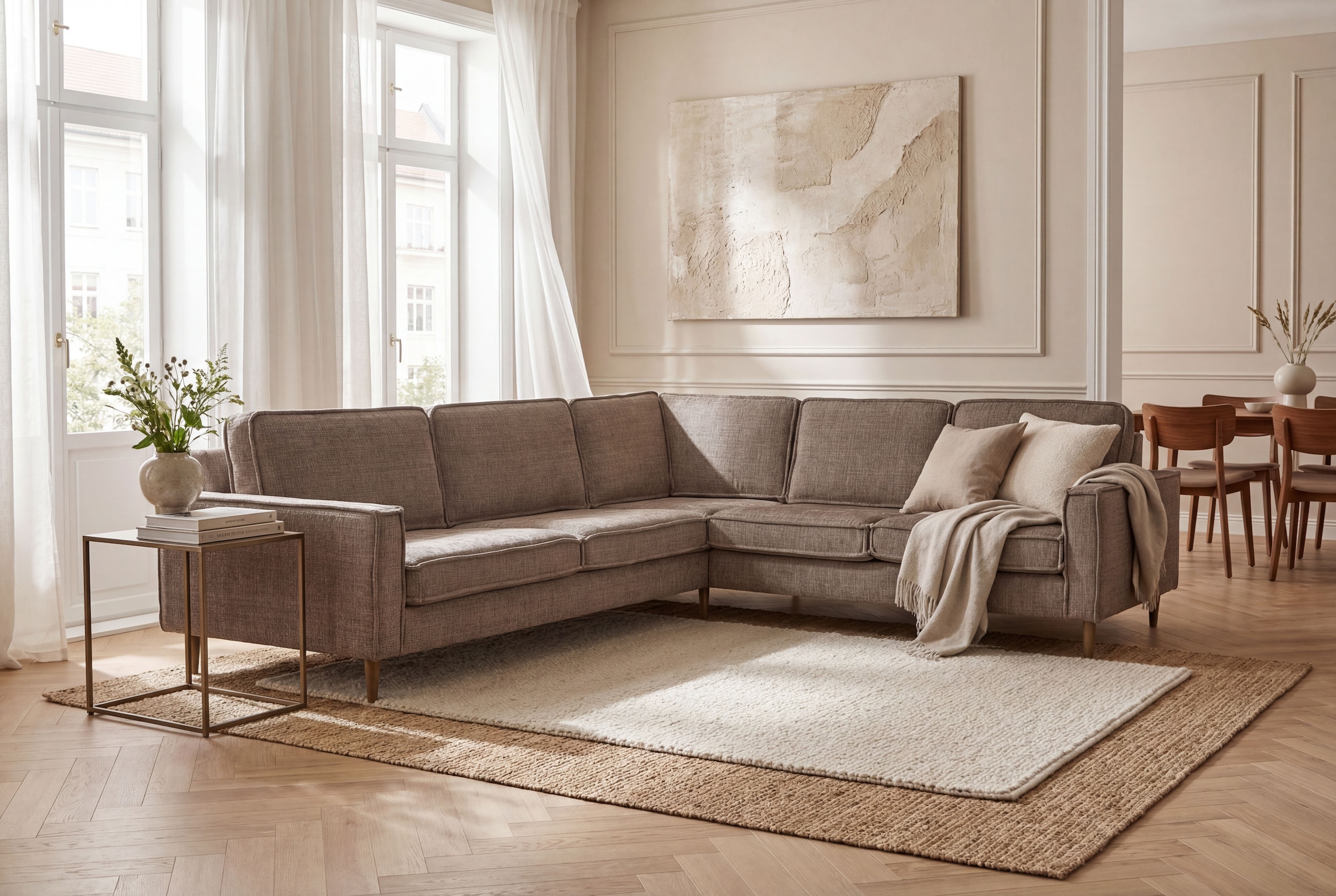OTTO home Ecksofa "Pinto Skandi, 290 cm, Chenille, Struktur, Ottomane links / rechts" mit Keder, Massivholzfüße Eiche geräuchert, Wellenunterfederung