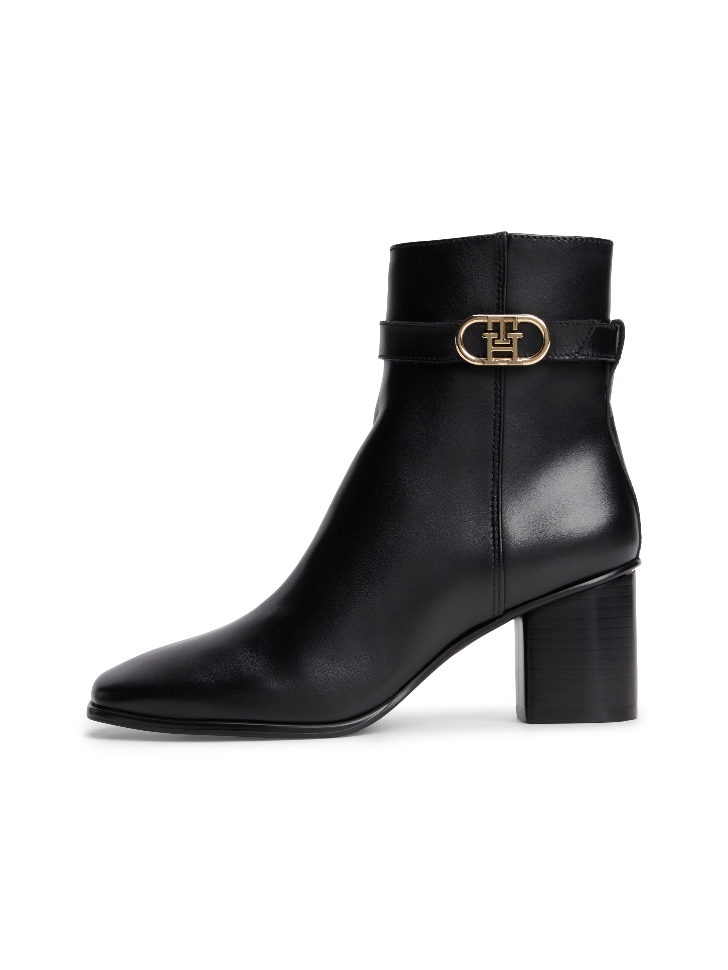 Tommy Hilfiger Stiefelette »TH STRAP LEATHER BLOCK HEEL BOOT«  Herbstschuh, Businessschuh mit goldfarbenem Schmuckelement