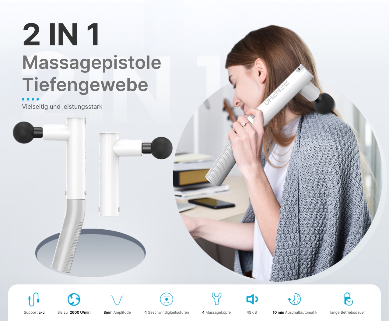 Renpho Massagepistole »Renpho Extend Massage Gun C004« Inkl.Verlängerungsgriff für schwer zu erreichende Stellen