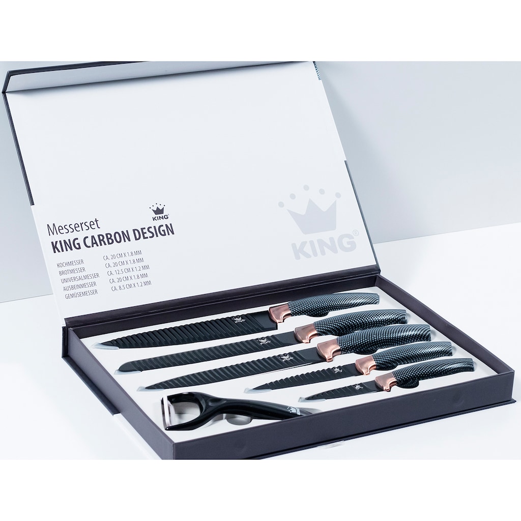 KING Messer-Set »Carbon Design«, (Set, 6 tlg.), (5 Messer), incl. Sparschäler, Wellenschliff