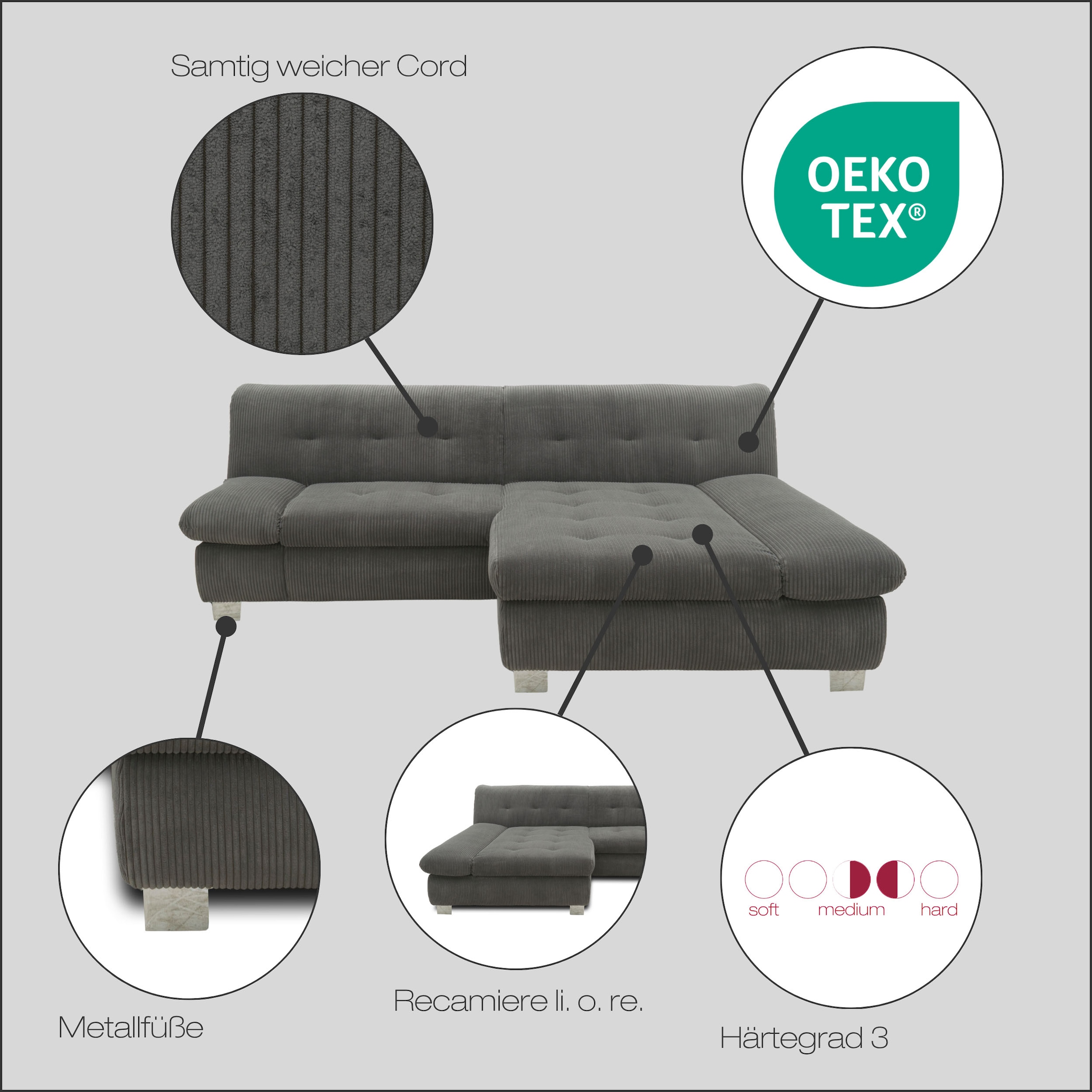 DOMO collection Ecksofa »100031 kompakte Stellmaße, komfortabel und bequem, L-Form«, wahlweise mit Bettfunktion und Armteilverstellung. Breite 234cm