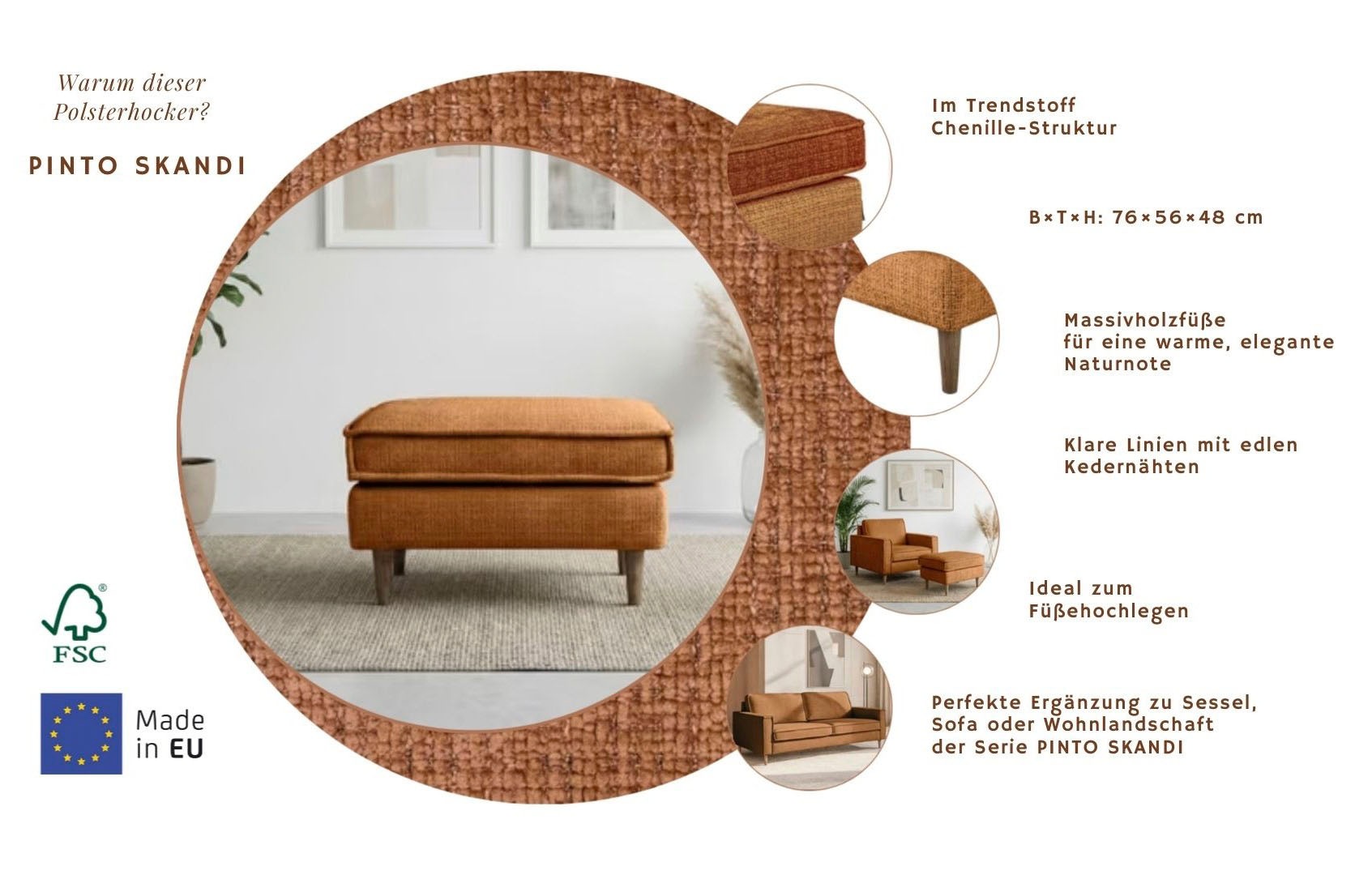 Thumbnail - Home affaire Polsterhocker "Pinto Skandi" mit Keder, Massivholzfüße Eiche geräuchert