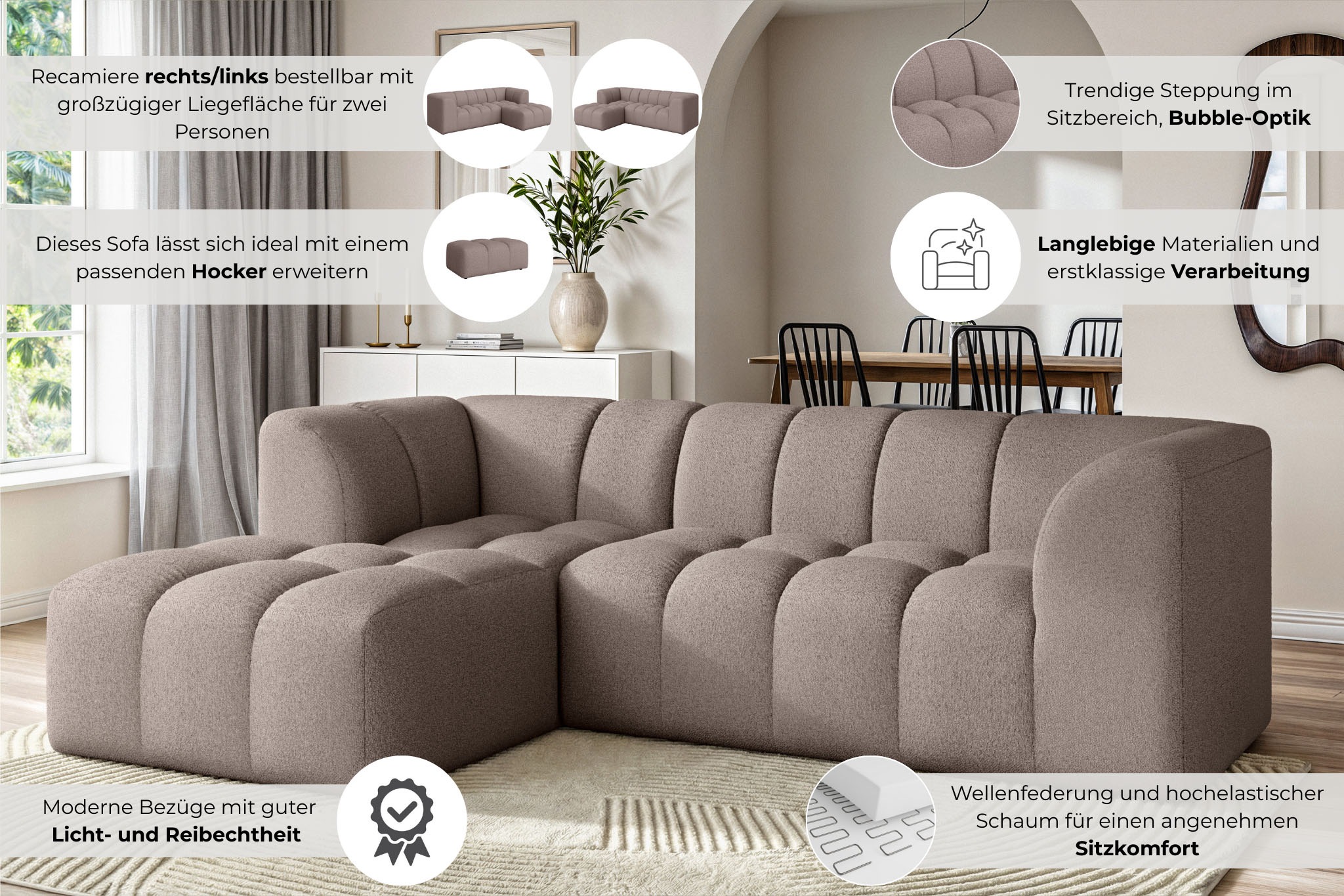 Thumbnail - Home affaire Ecksofa "TUURE L-Form, Verlässliche Qualität, moderne Steppung, Breite 255cm" Bubble Optik, moderne Steppun...