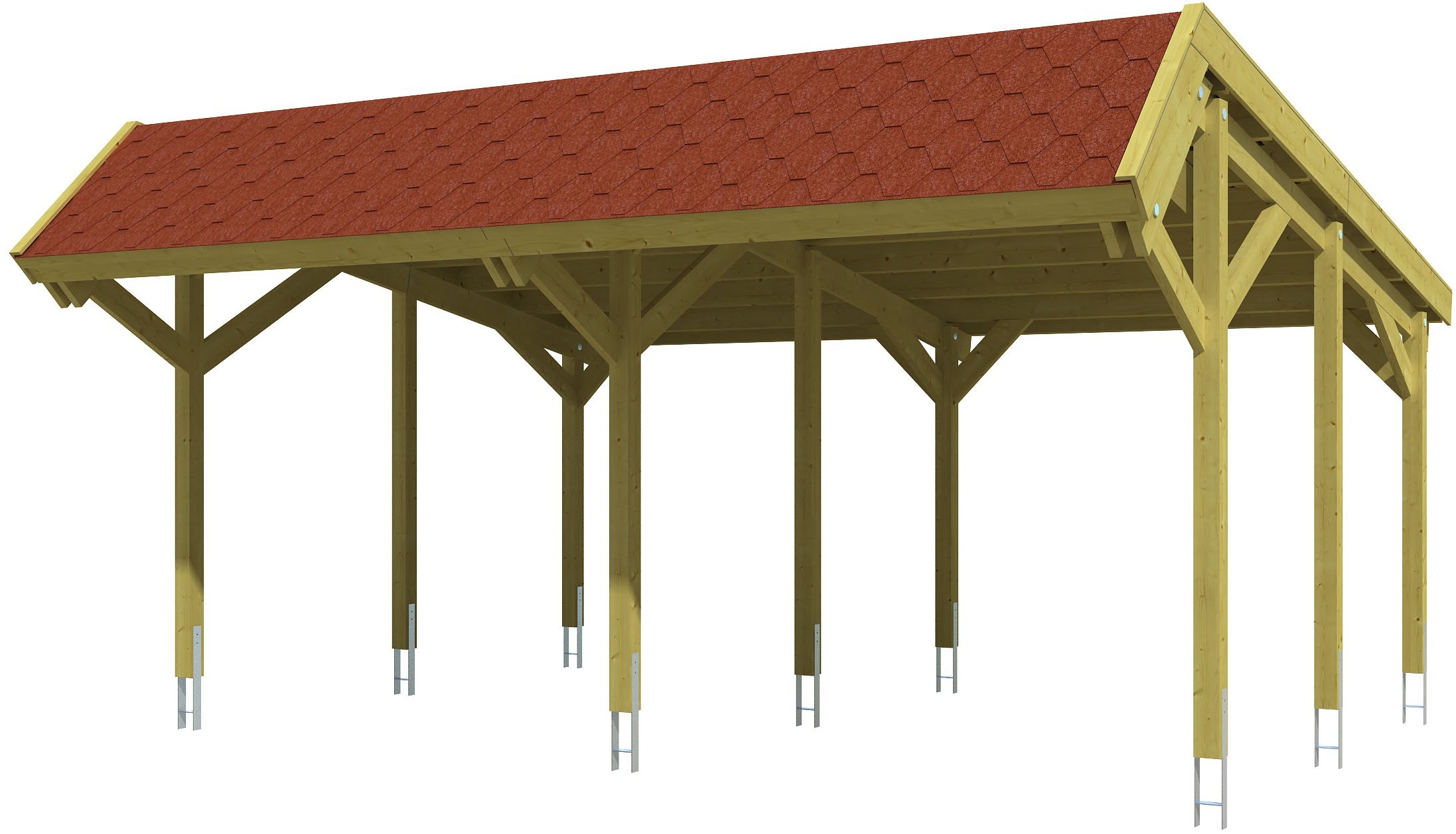 Skanholz Doppelcarport "Harz" Massivholz 291 cm Grün mit roten Schindeln