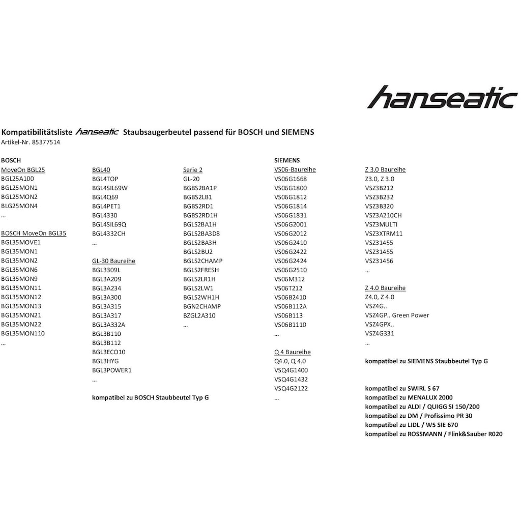 Hanseatic Staubsaugerbeutel, (Packung)