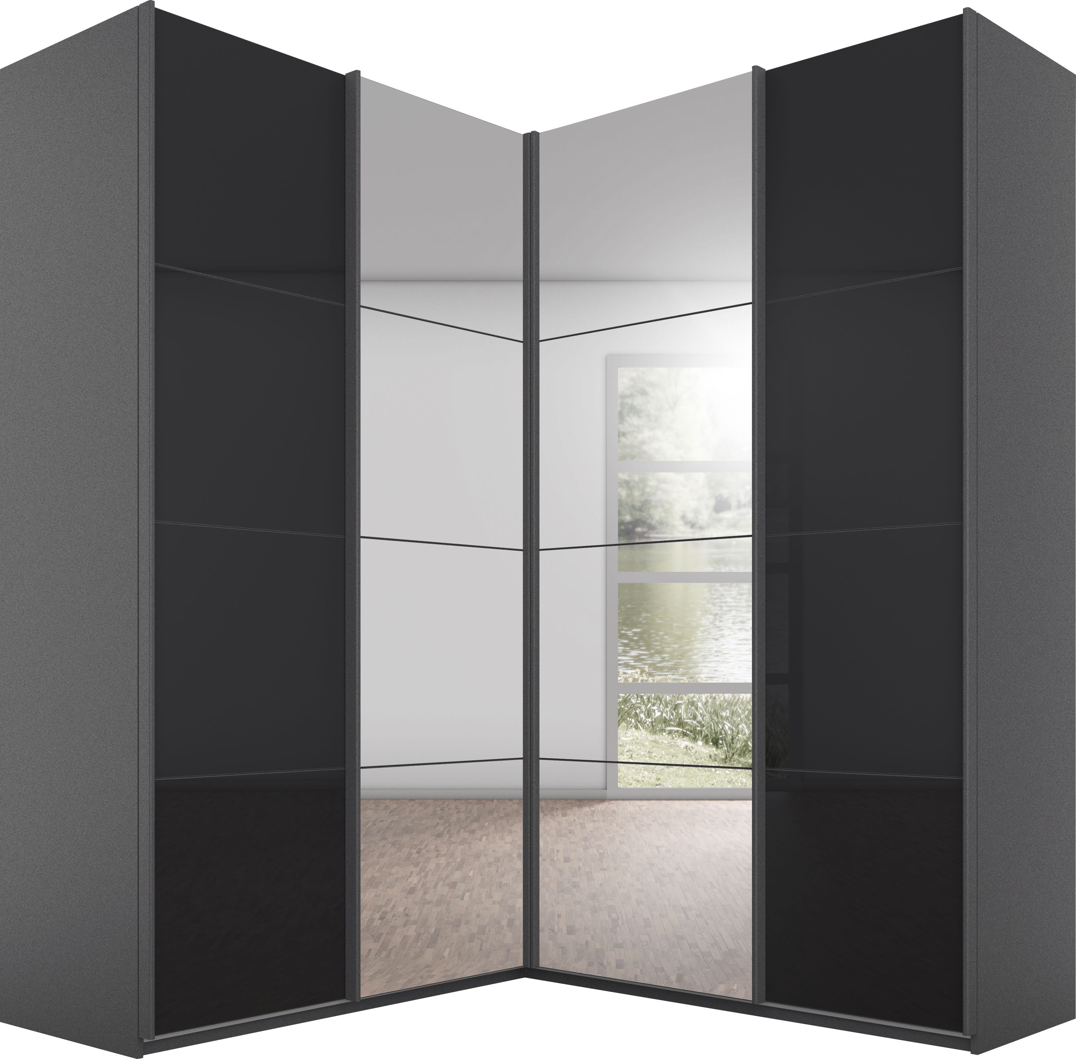 rauch Schwebetürenschrank "Kleiderschrank Garderobe Eckkleiderschrank QUADRA mit edler Glasfront" in den Höhen 210/229 cm, inkl. Soft-Close-Funktion, großer Eckschrank mit viel Stauraum, Maß 181x187 cm MADE IN GERMANY