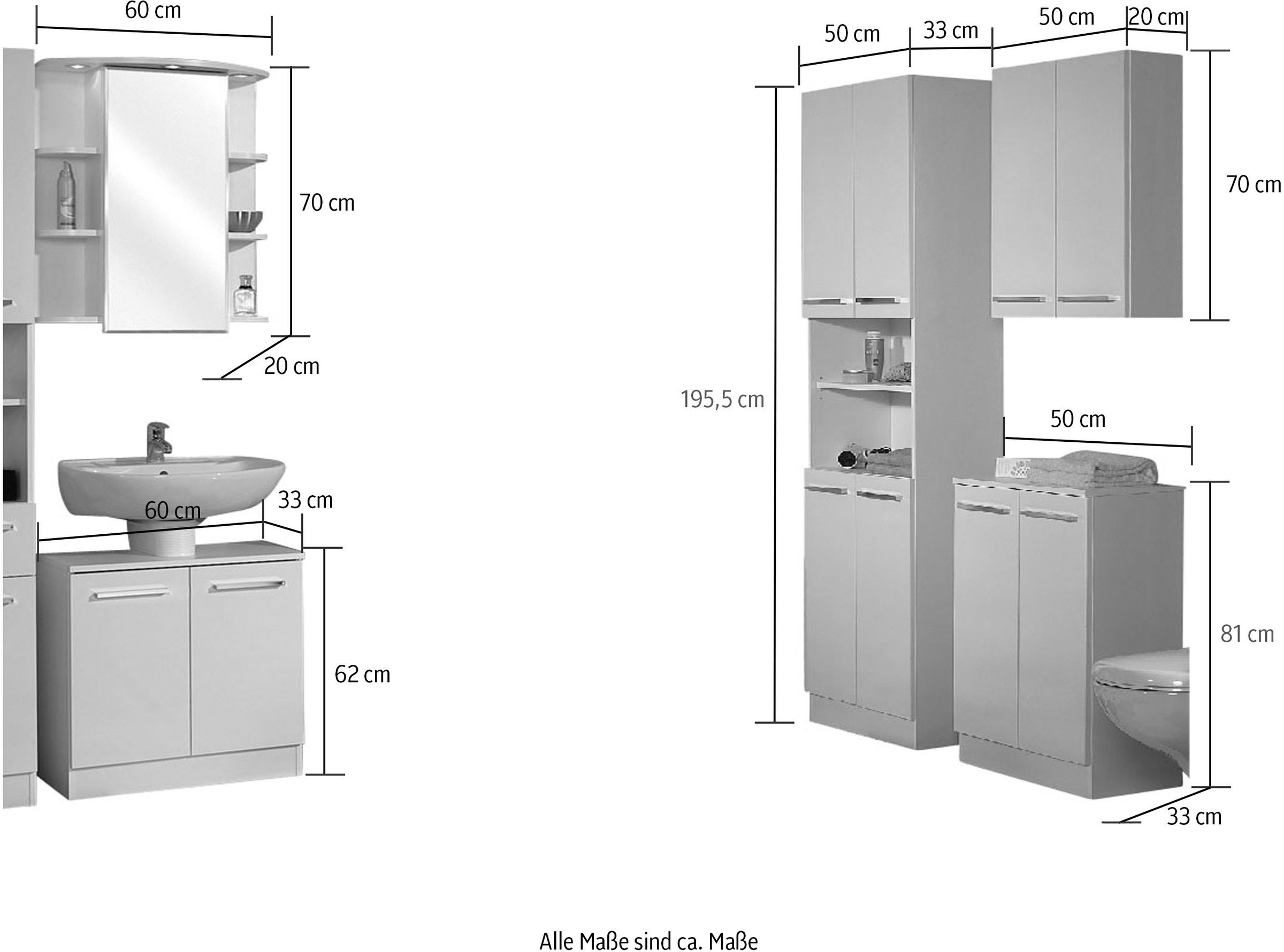 Saphir Badmöbel-Set »Quickset 335 5-teilig, Waschbeckenunterschrank mit LED-Spiegelschrank«, (5 St.), Hochschrank, Unterschrank, Hängeschrank, inkl. Türdämpfer, 11 Türen