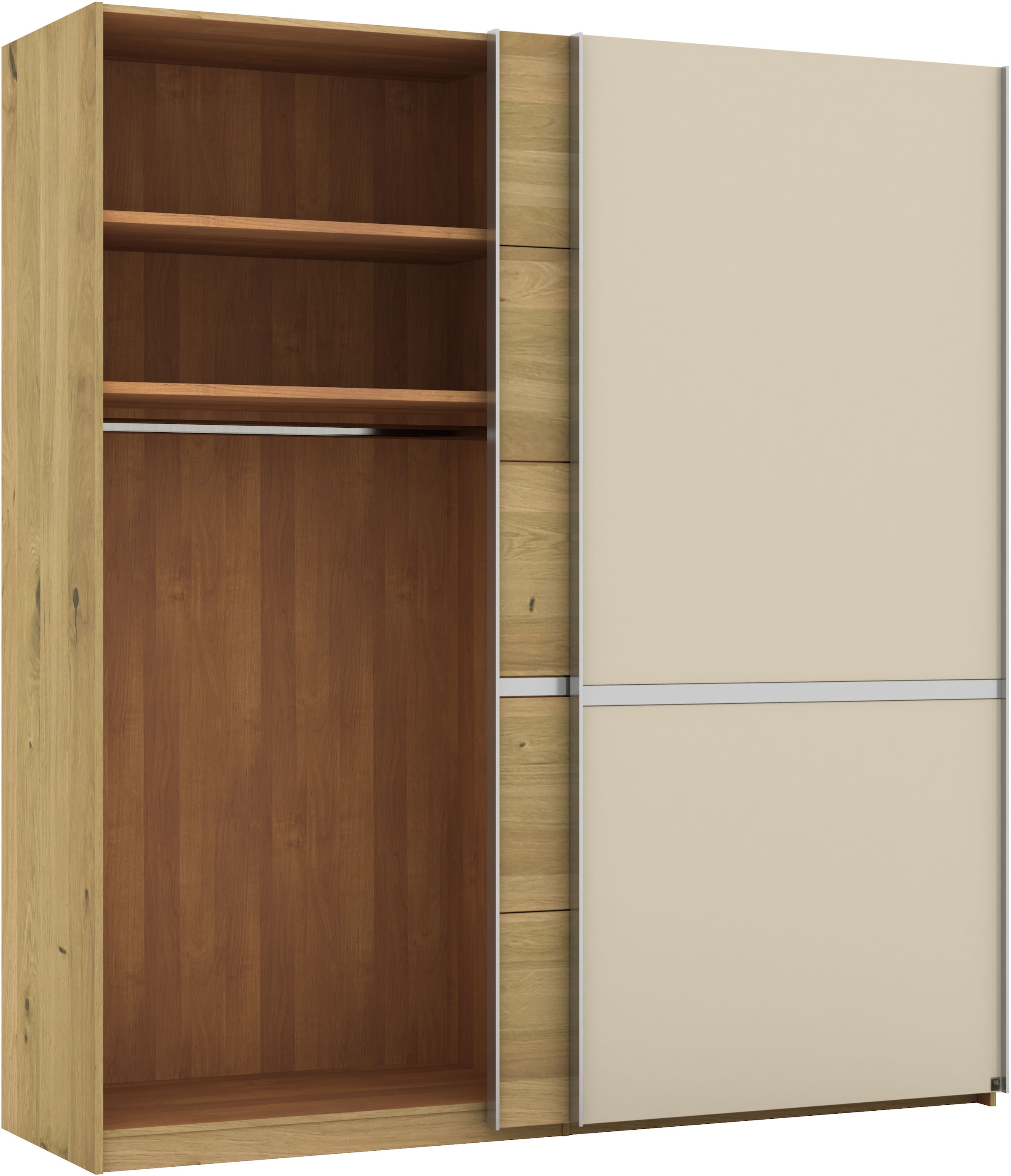 Musterring Schwebetürenschrank »Savona, Kleiderschrank, Schrank, Garderobe, mit Schiebetüren«, (Teilmassiv Bianco-Eiche, mit Spiegel oder Glas, MADE IN GERMANY), Türen Bianco-Eiche massiv, Spiegel-/Glastüren, eingelegte Chromleiste