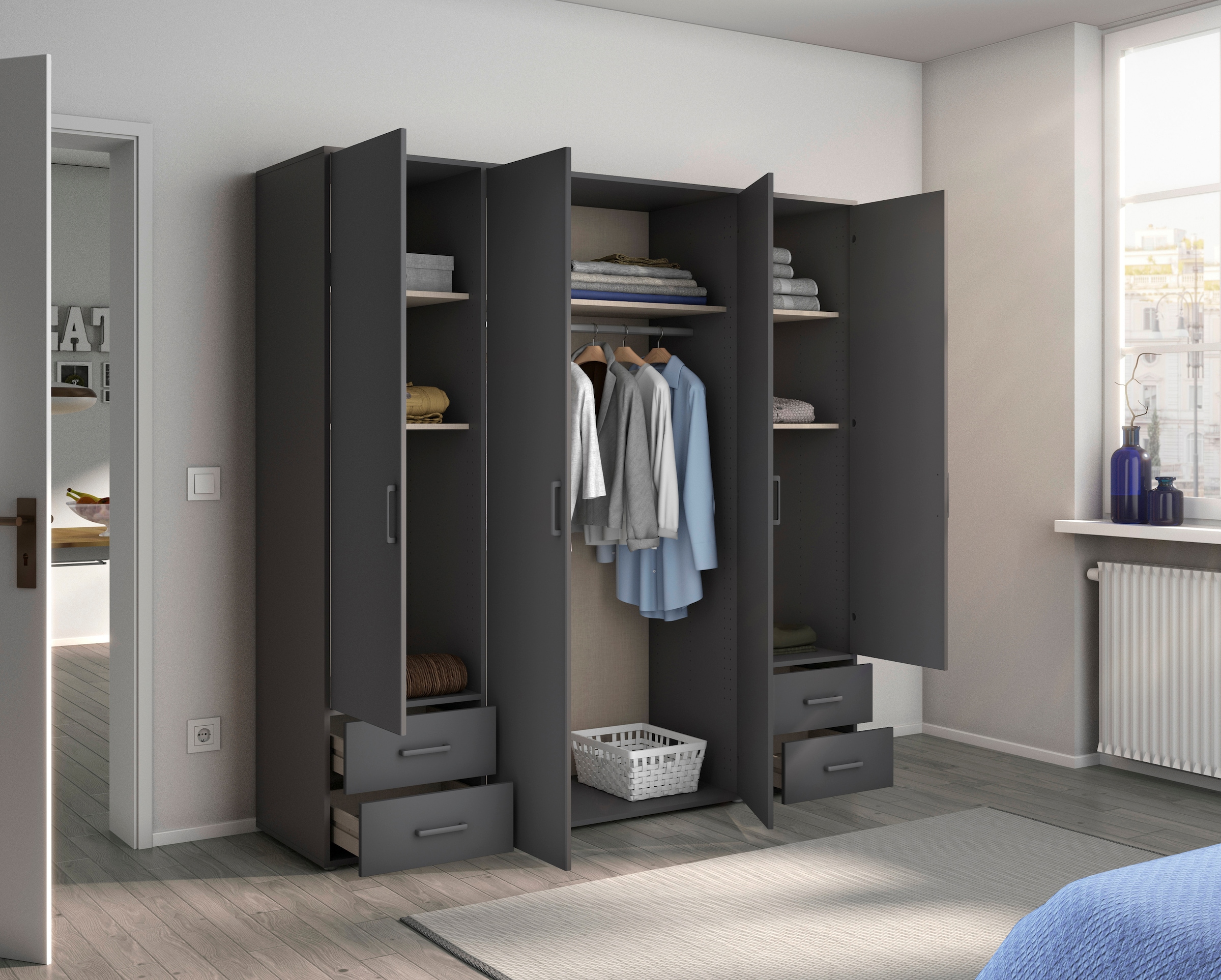 rauch Drehtürenschrank »Kleiderschrank Schrank Garderobe Wäscheschrank VOYAGER«, moderne Griffe in Graumetallic mit Außenschubkästen MADE IN GERMANY