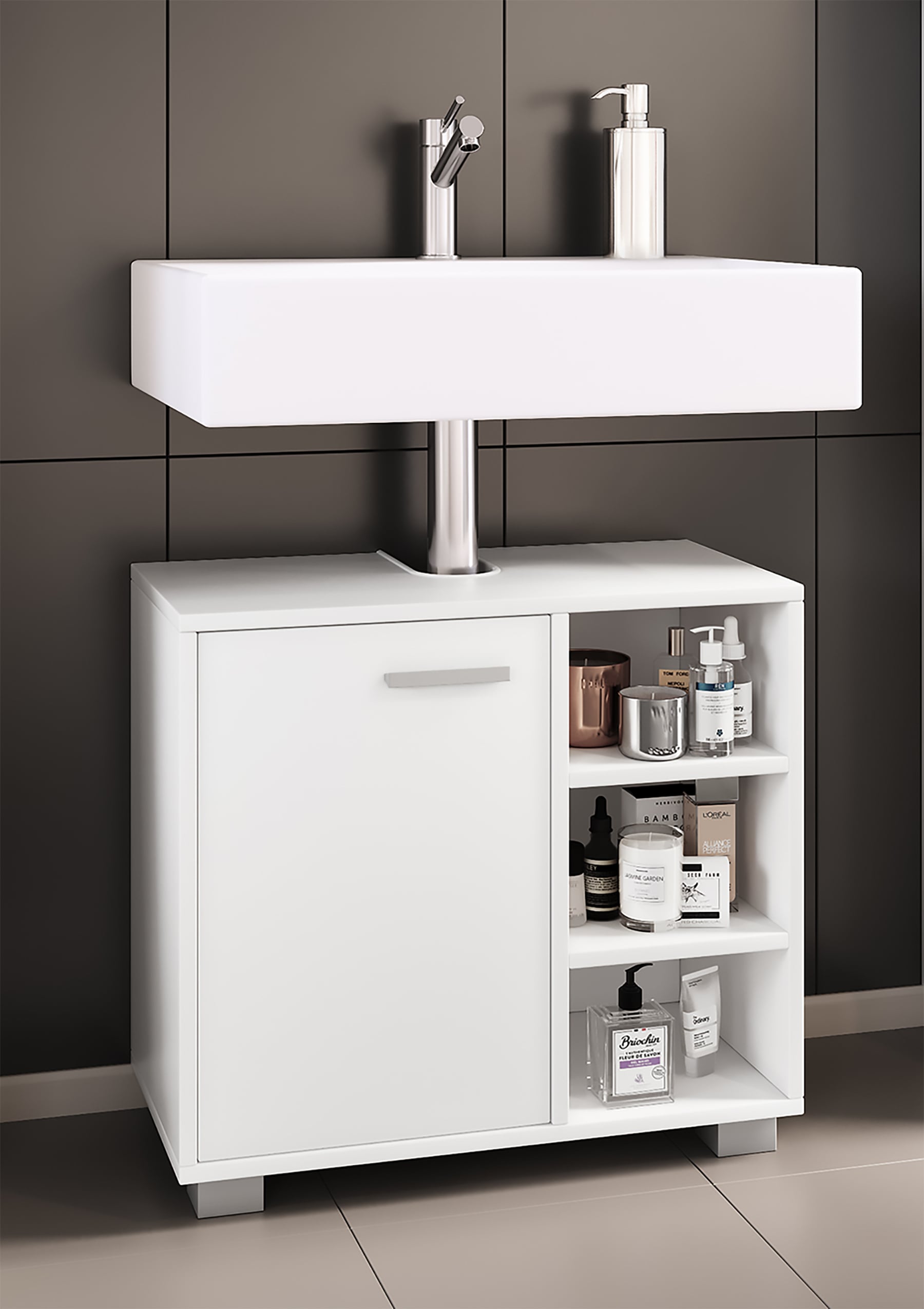 VCM Waschbeckenunterschrank »VCM Holz Waschbeckenunterschrank | Badschrank | Maße: H. 58 x B. 60 x T. 30 cm | 1 Drehtür | 3 kleine offene Regalfächer - Zalo L«, (1 St.)