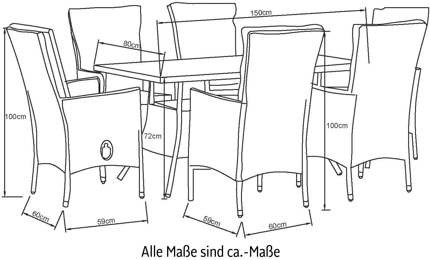 KONIFERA Garten-Essgruppe »Belluno«, (Set, 13 tlg., 6x Sessel, Tisch 150x80x 71,5 cm, Polyrattan, inkl. Auflagen), 2 der 6 Sessel stufenlos verstellbar, Stauraum unter dem Tisch, Grau