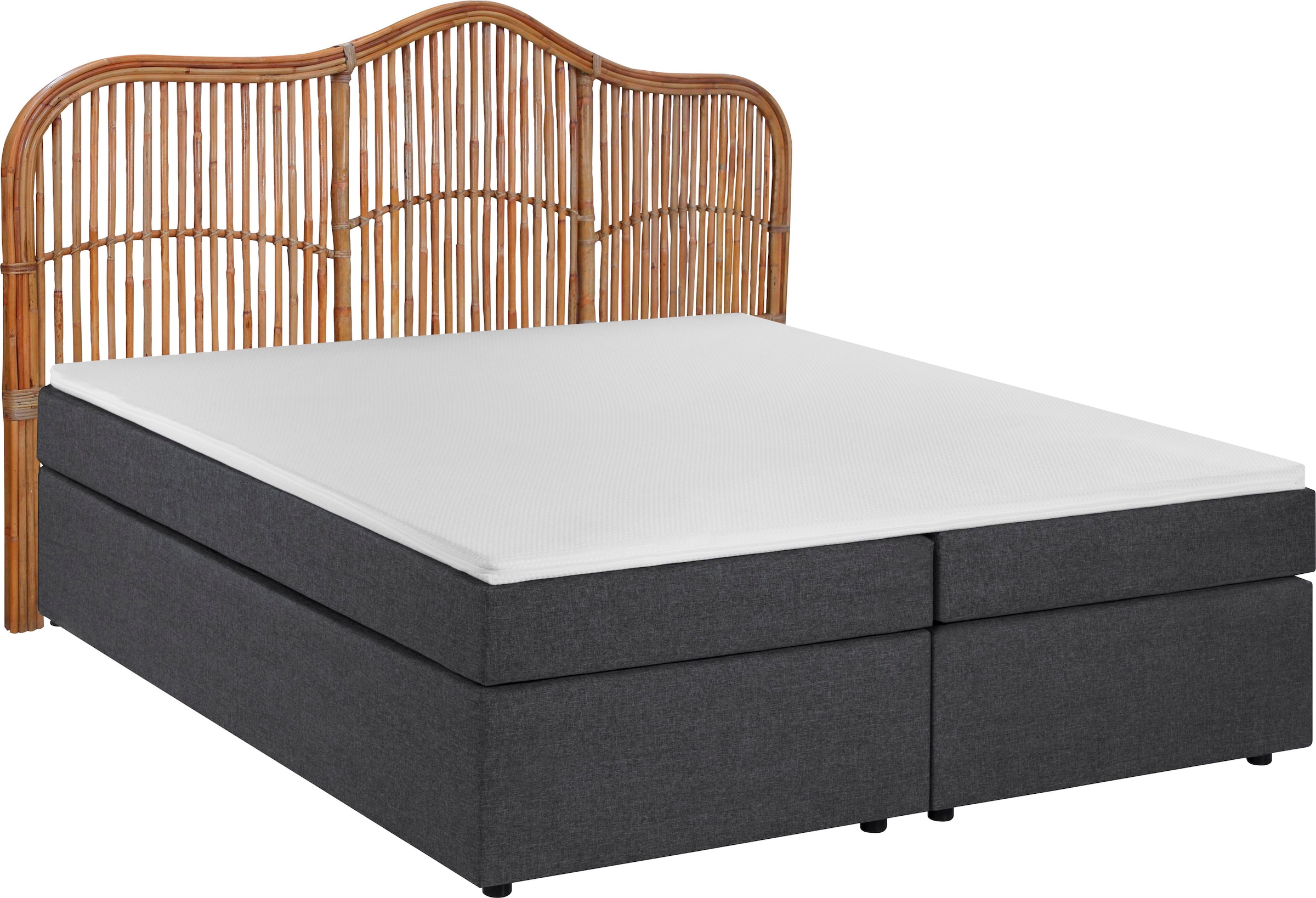 SIT Boxspringbett "Syracuse 180x200 cm mit Rattan-Kopfteil und Topper" Kopfteil aus echtem Rattan trifft auf Boxspringkomfort