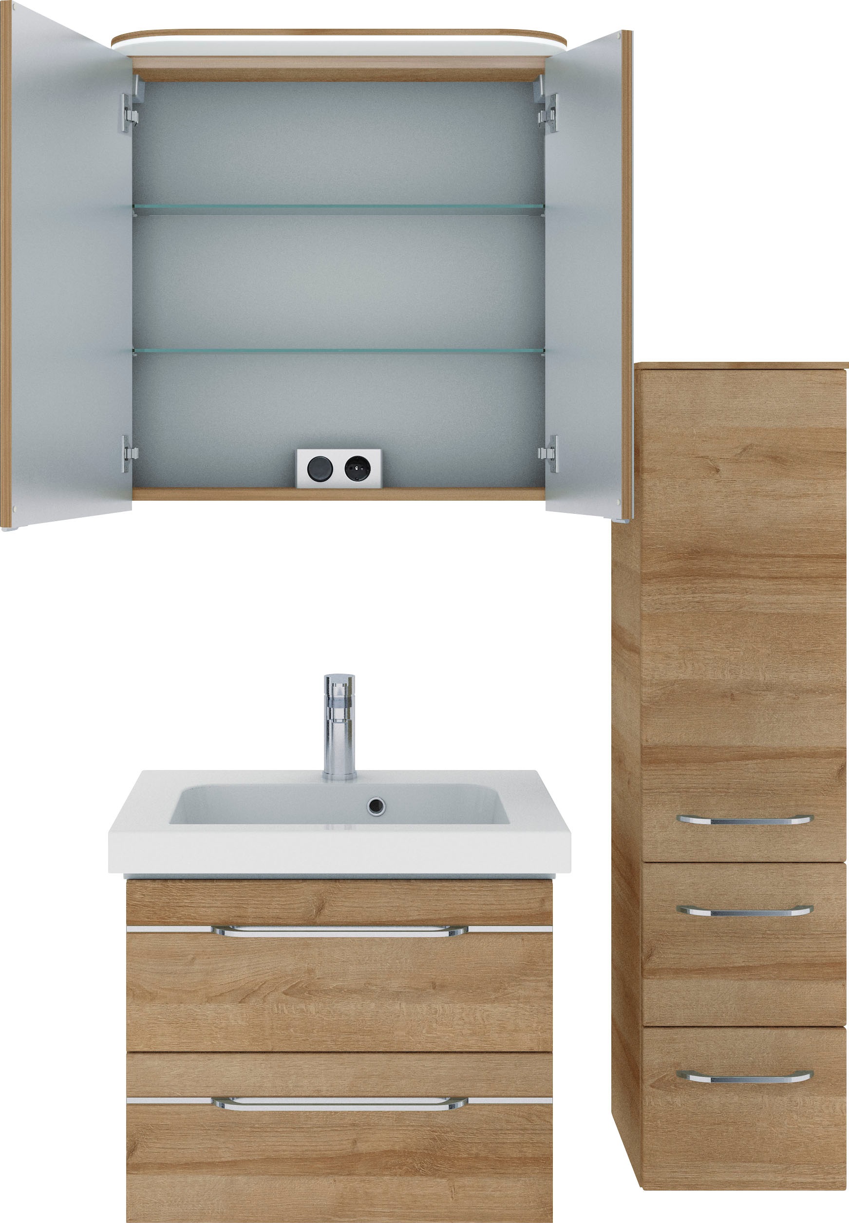 Saphir Badmöbel-Set »Balto Sprint 3-teilig, Mineralmarmor-Waschtisch mit LED-Spiegelschrank«, (4 St.), inkl. Türdämpfer, 100 cm breit, mit Midischrank, 3 Türen, 4 Schubladen