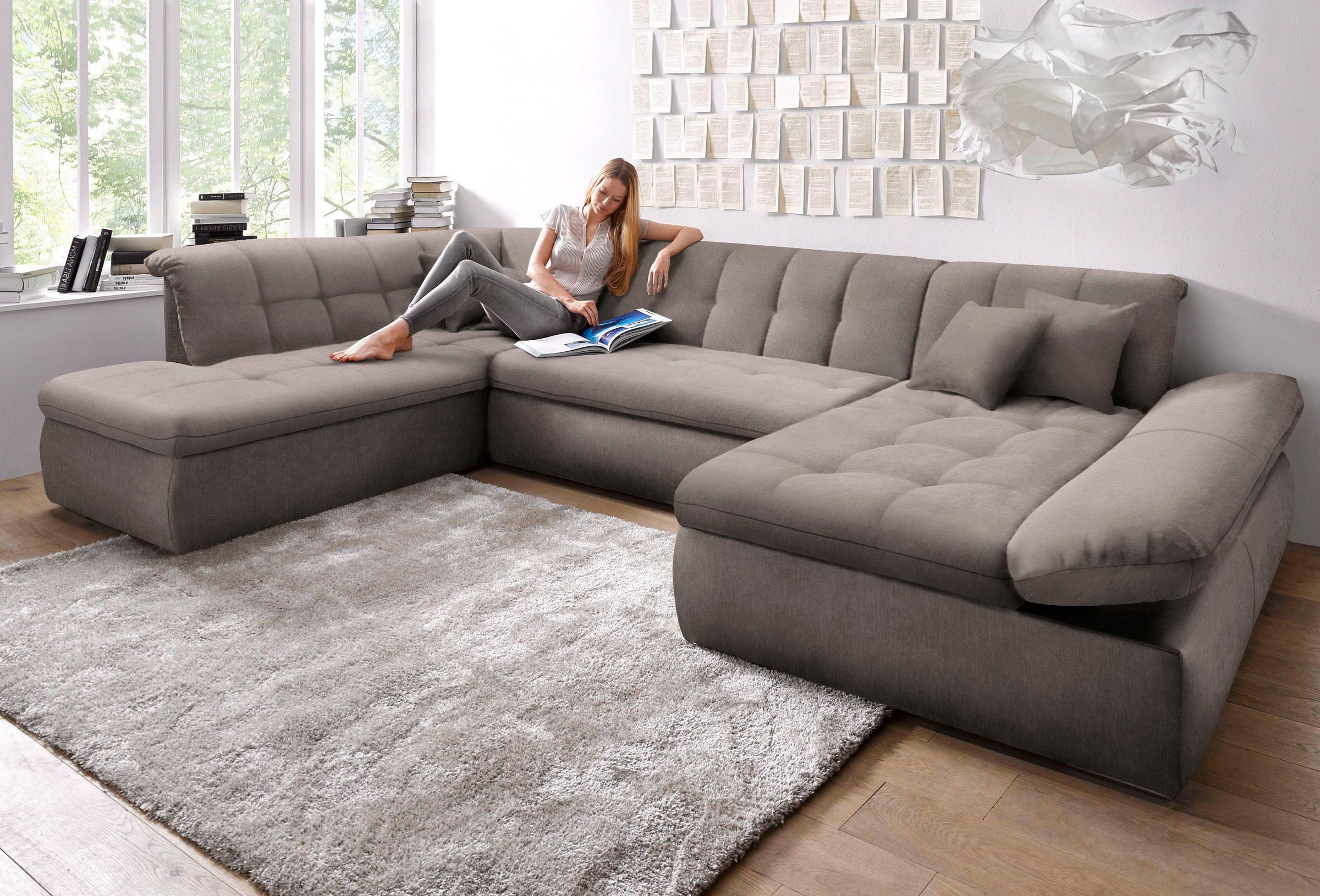 DOMO collection Wohnlandschaft »NMoric im XXL-Format, B/T/H: 353/216/80 cm, incl. Zierkissen U-Form«, wahlweise mit Bettfunktion und Armlehnenverstellung