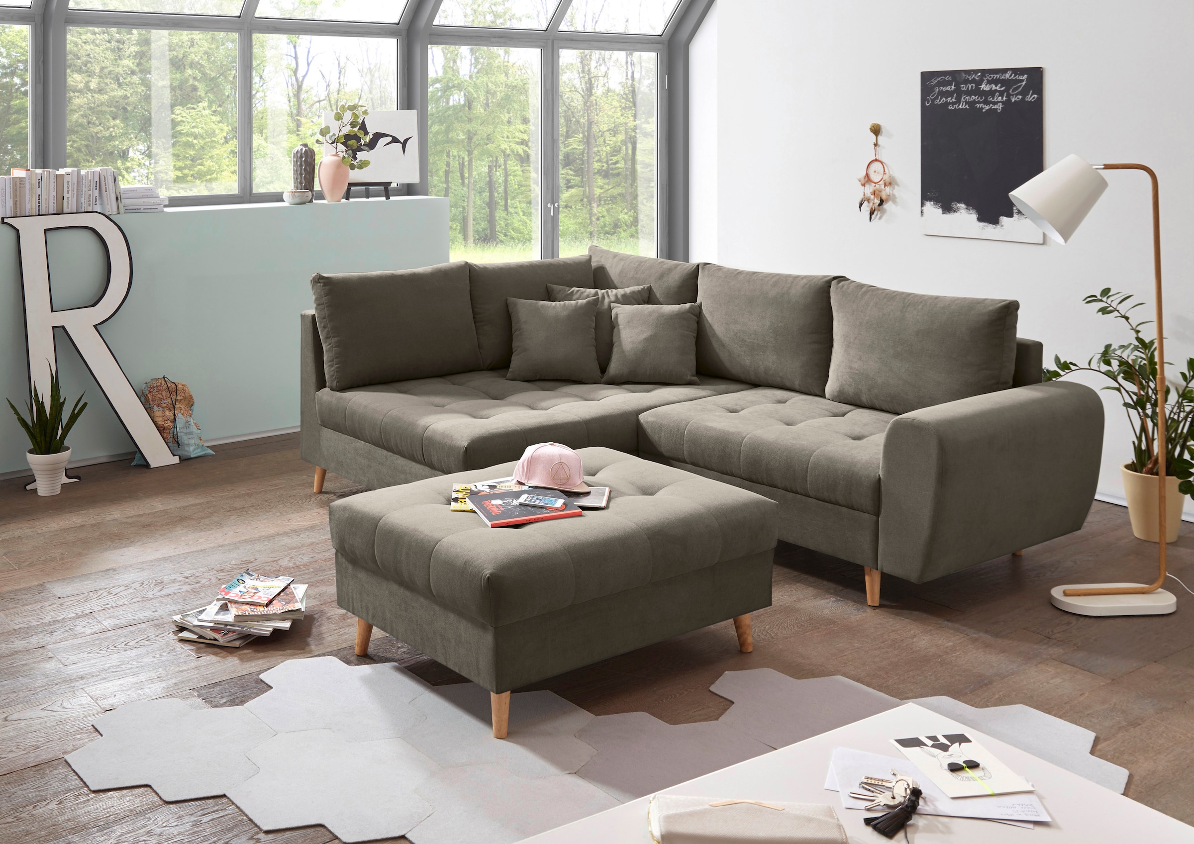 ED EXCITING DESIGN Ecksofa »Alice L-Form«, (Set), mit Hocker, Rückenkissen, Zierkissen, frei im Raum stellbar