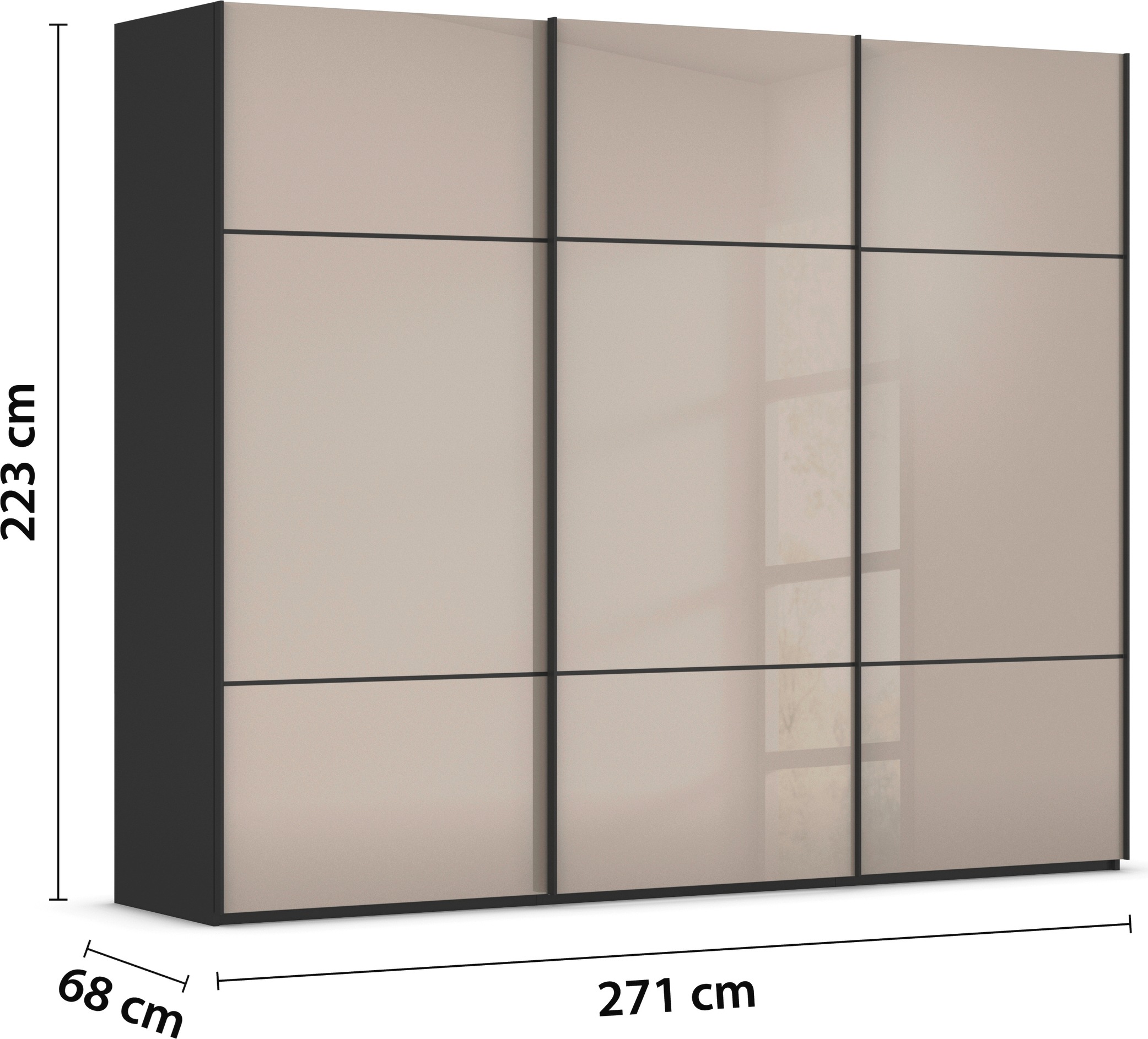 rauch Schwebetürenschrank »Kleiderschrank Schrank Garderobe Schlafzimmerschrank SCALE-TRIO«, edle dreigeteilte Front mit 2 Zierleisten Glasfront MADE IN GERMANY