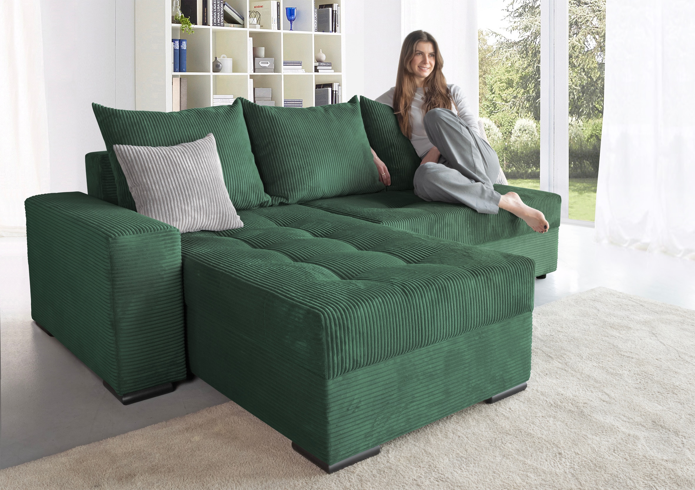 COLLECTION AB "Josy L-Form, B: 214 cm in Cord, Cord-Mix" Schlaffunktion, Bettkasten & 2 Zierkissen, Federkern