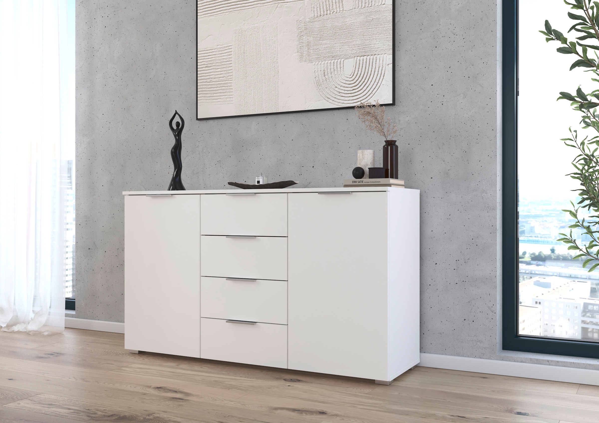 rauch Kombikommode »Sideboard Schubladenkommode AGORDO mit Dekor- oder Hochglanzfront«, (in zwei Griff-Farben, Breite 120 cm), vier große Schubladen, mit insgesamt 4 Einlegeböden MADE IN GERMANY