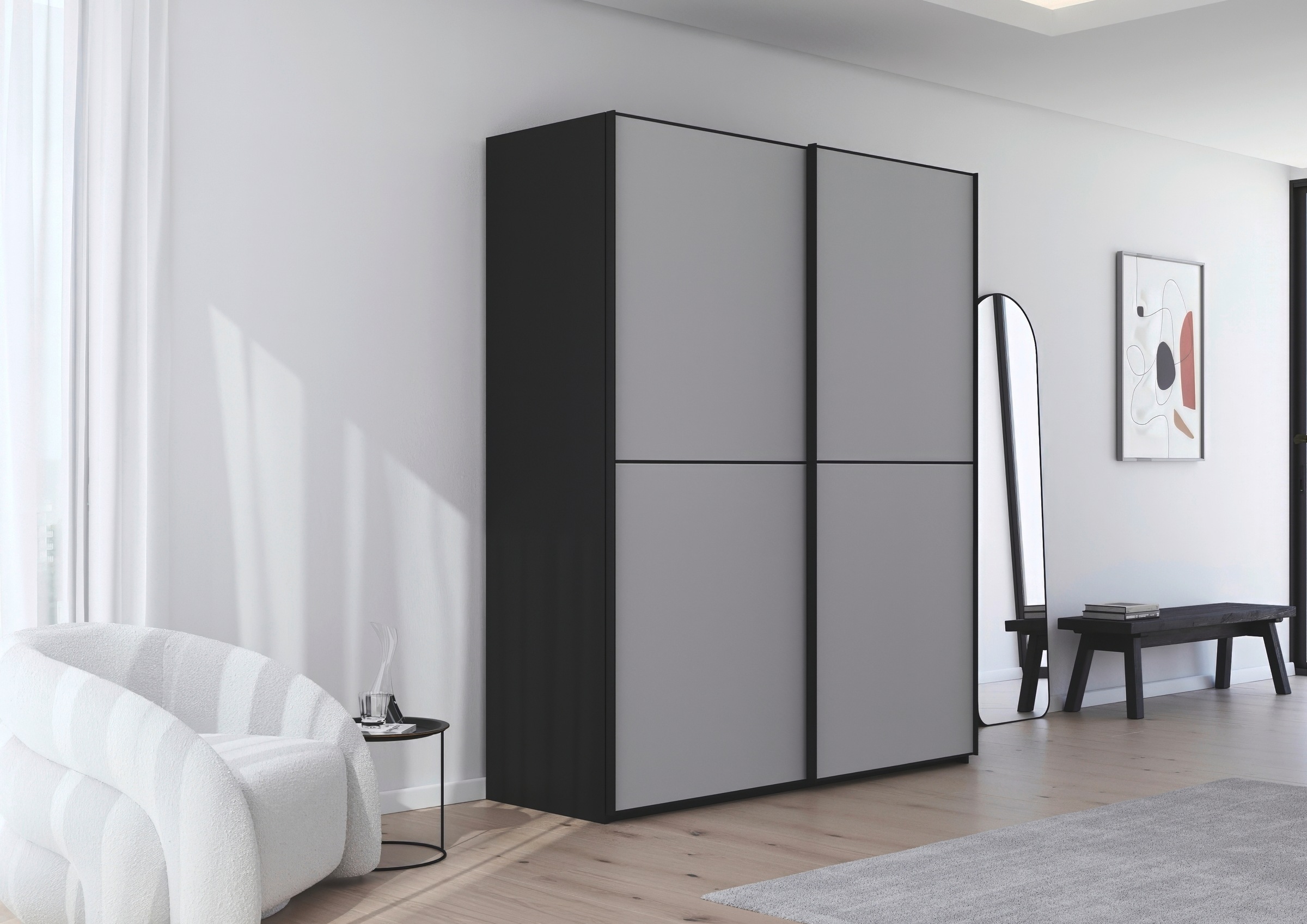 rauch Schwebetürenschrank »Kleiderschrank Schrank Garderobe Schlafzimmerschrank SCALE-DUO«, edle zweigeteilte Türen Glas-Front mit 3 Zierleisten MADE IN GERMANY