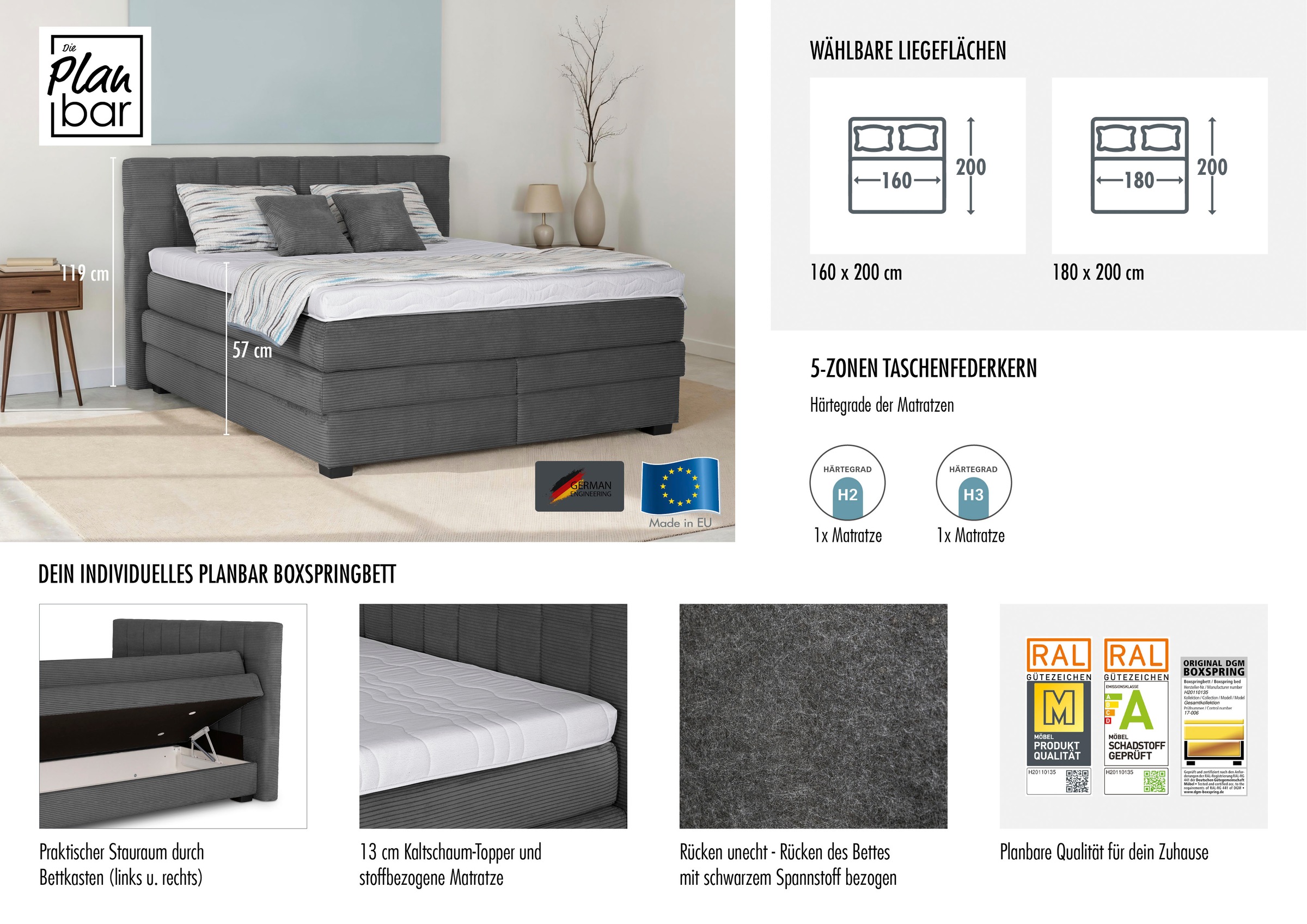 Die PlanBar Boxspringbett »OC-ON21088« inkl. Matratzen u. Bonellfederkern Unterbau, Stauraum, 160/180x200cm