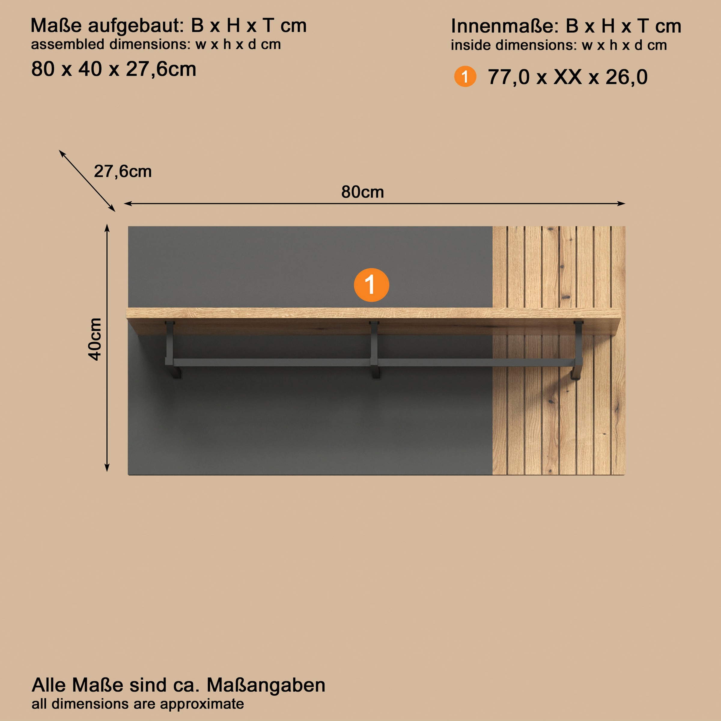 Home affaire Garderobenpaneel »Estepona« 1 Stk. tlg. Wandpaneel mit Hutablage und Kleiderstange - (B/T/H) 80/28/40 cm